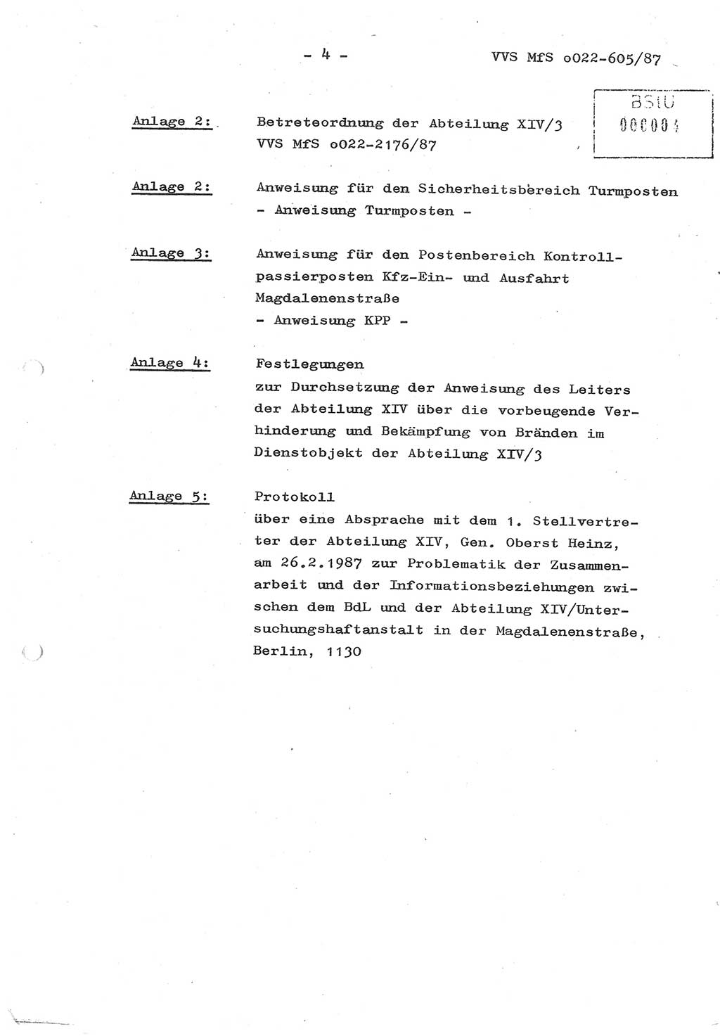 Sicherungskonzeption Untersuchungshaftanstalt (UHA) Ⅱ der Abteilung XIV im MfS [Ministerium für Staatssicherheit, Deutsche Demokratische Republik (DDR)] Berlin, Magdalenenstraße 14, Berlin 1130, Ministerium für Staatssicherheit, Abteilung (Abt.) XIV/3, Vertrauliche Verschlußsache (VVS) o022-605/87, Berlin 1987, Seite 4 (SiKo UHA Ⅱ Abt. ⅩⅣ/3 MfS DDR Bln. VVS o022-605/87 1987, S. 4)