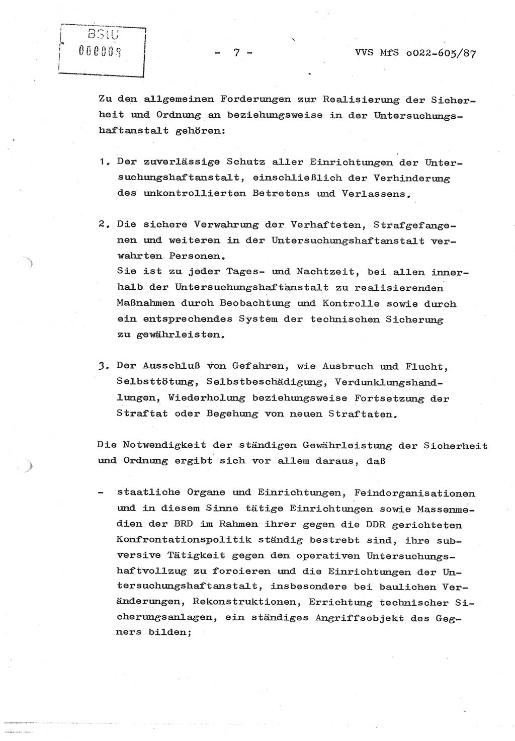 Sicherungskonzeption Untersuchungshaftanstalt (UHA) Ⅱ der Abteilung XIV im MfS [Ministerium für Staatssicherheit, Deutsche Demokratische Republik (DDR)] Berlin, Magdalenenstraße 14, Berlin 1130, Ministerium für Staatssicherheit, Abteilung (Abt.) XIV/3, Vertrauliche Verschlußsache (VVS) o022-605/87, Berlin 1987, Seite 7 (SiKo UHA Ⅱ Abt. ⅩⅣ/3 MfS DDR Bln. VVS o022-605/87 1987, S. 7)