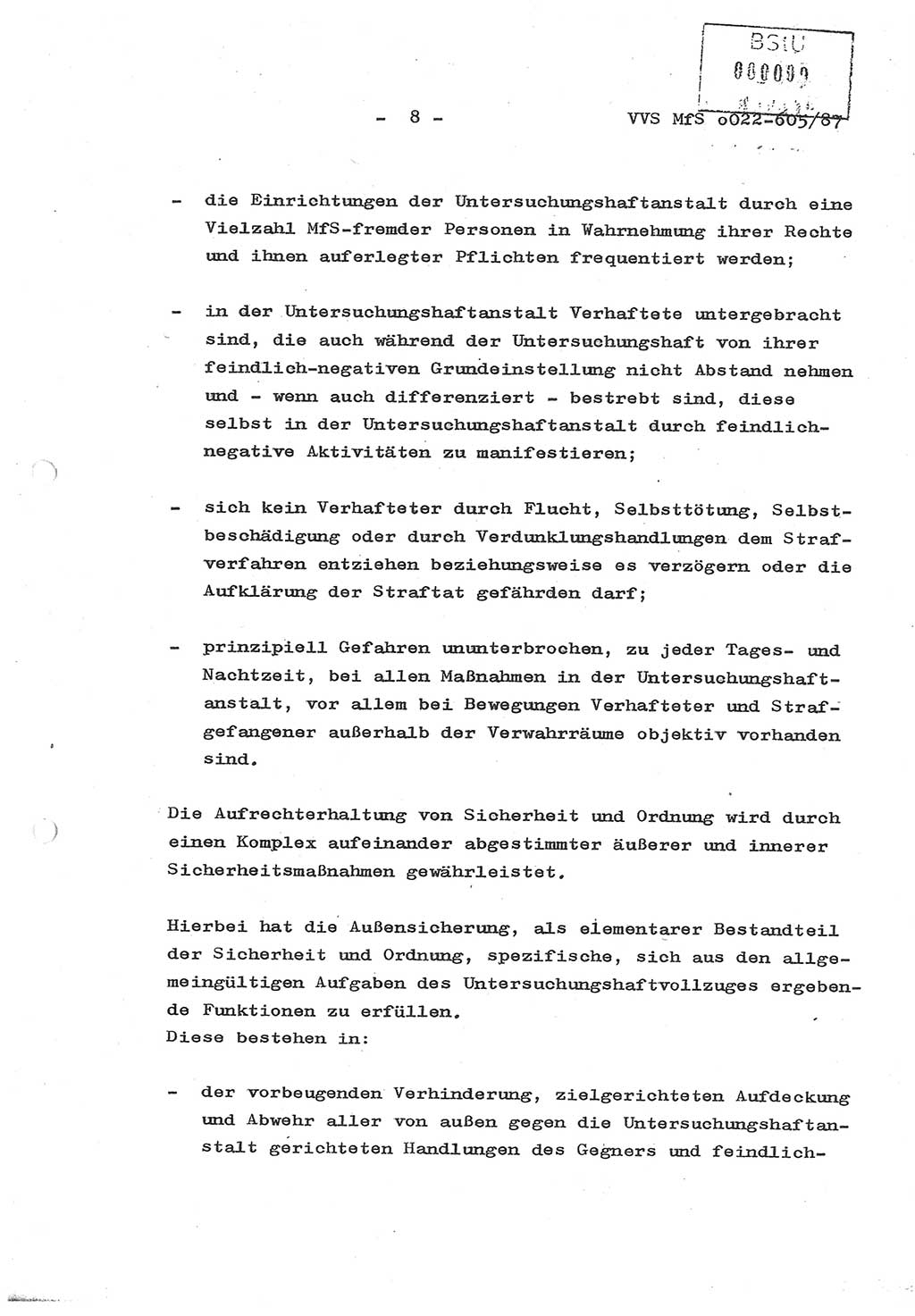 Sicherungskonzeption Untersuchungshaftanstalt (UHA) Ⅱ der Abteilung XIV im MfS [Ministerium für Staatssicherheit, Deutsche Demokratische Republik (DDR)] Berlin, Magdalenenstraße 14, Berlin 1130, Ministerium für Staatssicherheit, Abteilung (Abt.) XIV/3, Vertrauliche Verschlußsache (VVS) o022-605/87, Berlin 1987, Seite 8 (SiKo UHA Ⅱ Abt. ⅩⅣ/3 MfS DDR Bln. VVS o022-605/87 1987, S. 8)