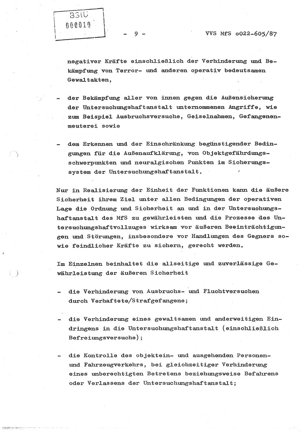 Sicherungskonzeption Untersuchungshaftanstalt (UHA) Ⅱ der Abteilung XIV im MfS [Ministerium für Staatssicherheit, Deutsche Demokratische Republik (DDR)] Berlin, Magdalenenstraße 14, Berlin 1130, Ministerium für Staatssicherheit, Abteilung (Abt.) XIV/3, Vertrauliche Verschlußsache (VVS) o022-605/87, Berlin 1987, Seite 9 (SiKo UHA Ⅱ Abt. ⅩⅣ/3 MfS DDR Bln. VVS o022-605/87 1987, S. 9)