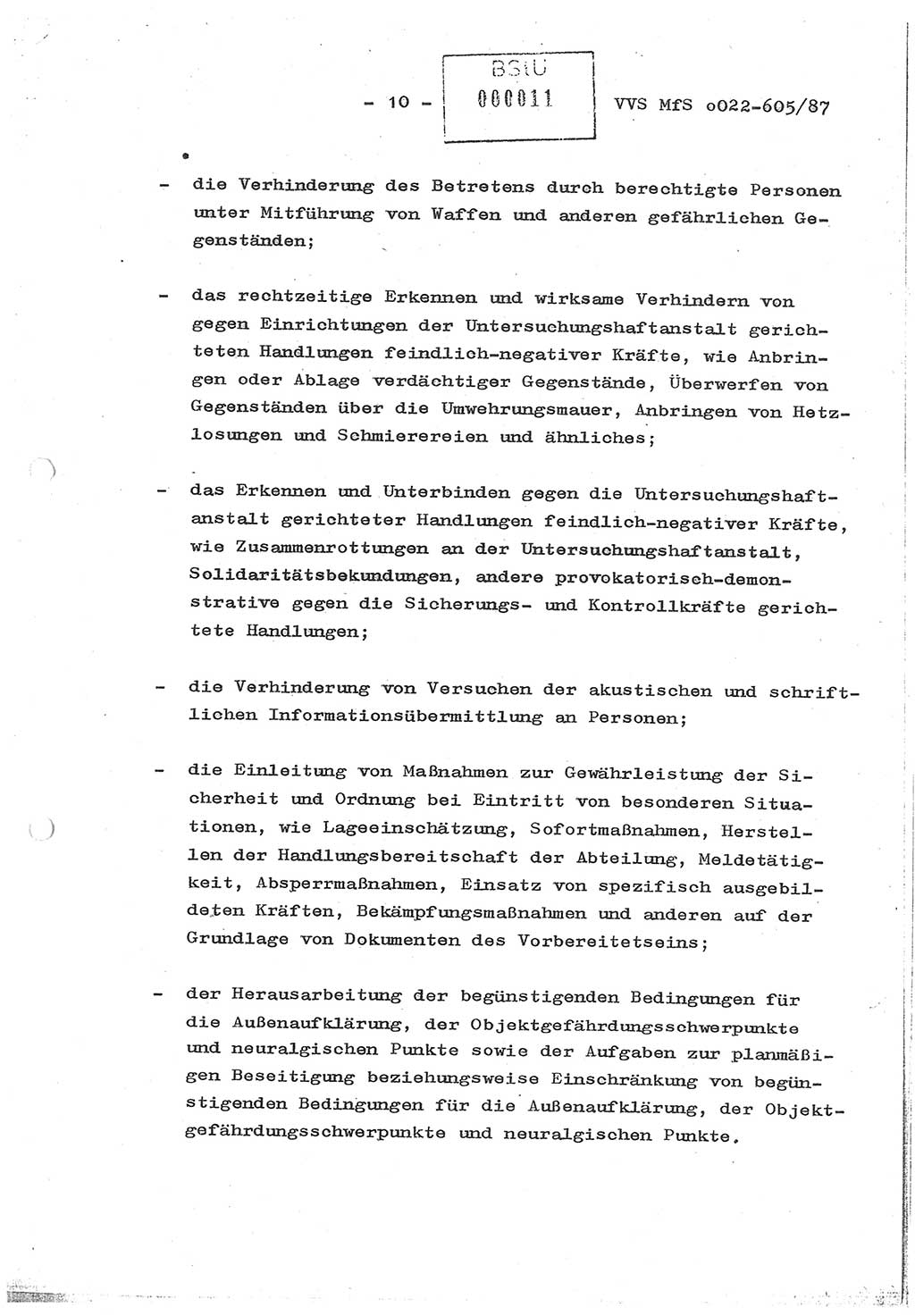 Sicherungskonzeption Untersuchungshaftanstalt (UHA) Ⅱ der Abteilung XIV im MfS [Ministerium für Staatssicherheit, Deutsche Demokratische Republik (DDR)] Berlin, Magdalenenstraße 14, Berlin 1130, Ministerium für Staatssicherheit, Abteilung (Abt.) XIV/3, Vertrauliche Verschlußsache (VVS) o022-605/87, Berlin 1987, Seite 10 (SiKo UHA Ⅱ Abt. ⅩⅣ/3 MfS DDR Bln. VVS o022-605/87 1987, S. 10)