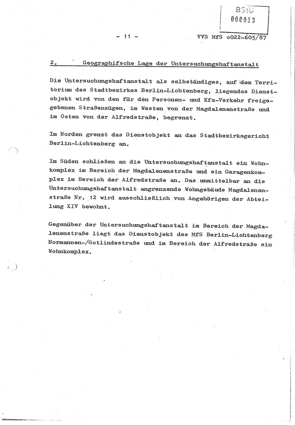 Sicherungskonzeption Untersuchungshaftanstalt (UHA) Ⅱ der Abteilung XIV im MfS [Ministerium für Staatssicherheit, Deutsche Demokratische Republik (DDR)] Berlin, Magdalenenstraße 14, Berlin 1130, Ministerium für Staatssicherheit, Abteilung (Abt.) XIV/3, Vertrauliche Verschlußsache (VVS) o022-605/87, Berlin 1987, Seite 11 (SiKo UHA Ⅱ Abt. ⅩⅣ/3 MfS DDR Bln. VVS o022-605/87 1987, S. 11)