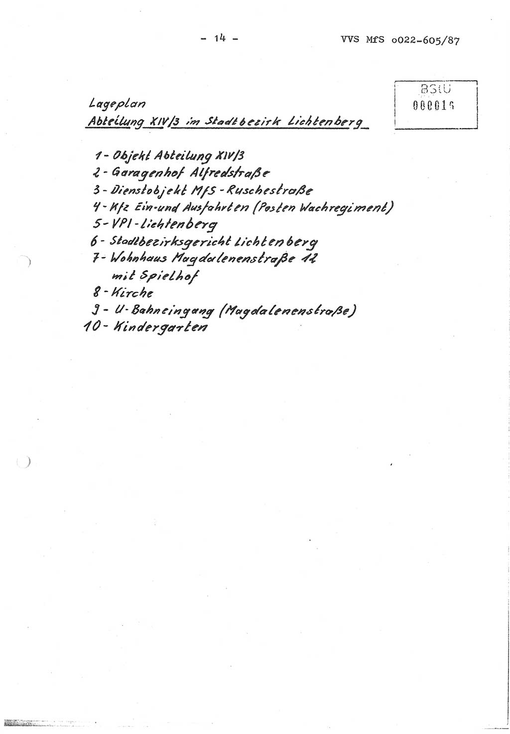 Sicherungskonzeption Untersuchungshaftanstalt (UHA) Ⅱ der Abteilung XIV im MfS [Ministerium für Staatssicherheit, Deutsche Demokratische Republik (DDR)] Berlin, Magdalenenstraße 14, Berlin 1130, Ministerium für Staatssicherheit, Abteilung (Abt.) XIV/3, Vertrauliche Verschlußsache (VVS) o022-605/87, Berlin 1987, Seite 14 (SiKo UHA Ⅱ Abt. ⅩⅣ/3 MfS DDR Bln. VVS o022-605/87 1987, S. 14)