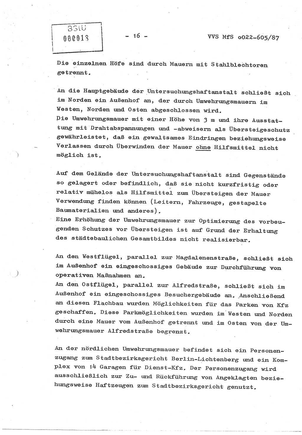 Sicherungskonzeption Untersuchungshaftanstalt (UHA) Ⅱ der Abteilung XIV im MfS [Ministerium für Staatssicherheit, Deutsche Demokratische Republik (DDR)] Berlin, Magdalenenstraße 14, Berlin 1130, Ministerium für Staatssicherheit, Abteilung (Abt.) XIV/3, Vertrauliche Verschlußsache (VVS) o022-605/87, Berlin 1987, Seite 16 (SiKo UHA Ⅱ Abt. ⅩⅣ/3 MfS DDR Bln. VVS o022-605/87 1987, S. 16)