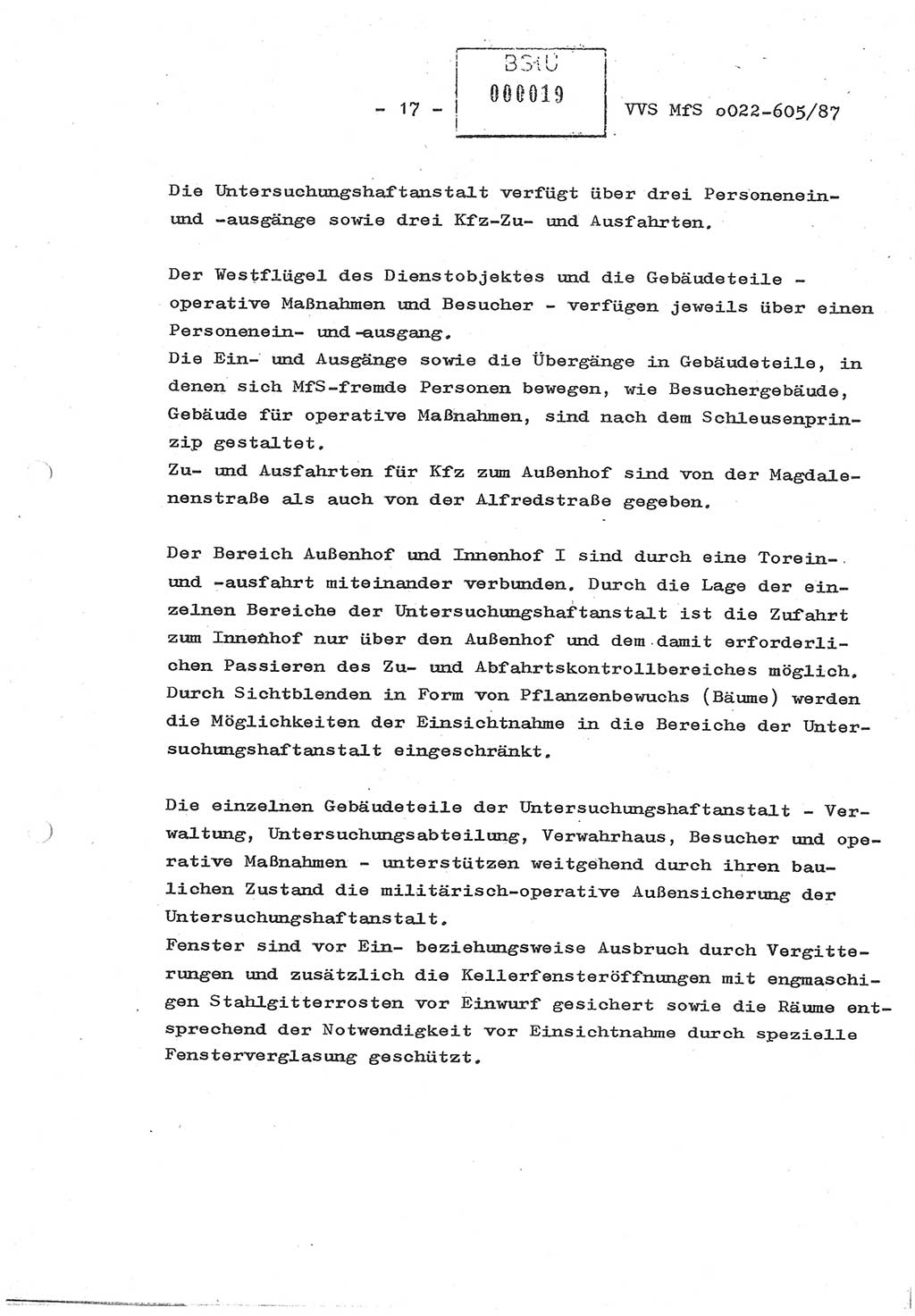 Sicherungskonzeption Untersuchungshaftanstalt (UHA) Ⅱ der Abteilung XIV im MfS [Ministerium für Staatssicherheit, Deutsche Demokratische Republik (DDR)] Berlin, Magdalenenstraße 14, Berlin 1130, Ministerium für Staatssicherheit, Abteilung (Abt.) XIV/3, Vertrauliche Verschlußsache (VVS) o022-605/87, Berlin 1987, Seite 17 (SiKo UHA Ⅱ Abt. ⅩⅣ/3 MfS DDR Bln. VVS o022-605/87 1987, S. 17)