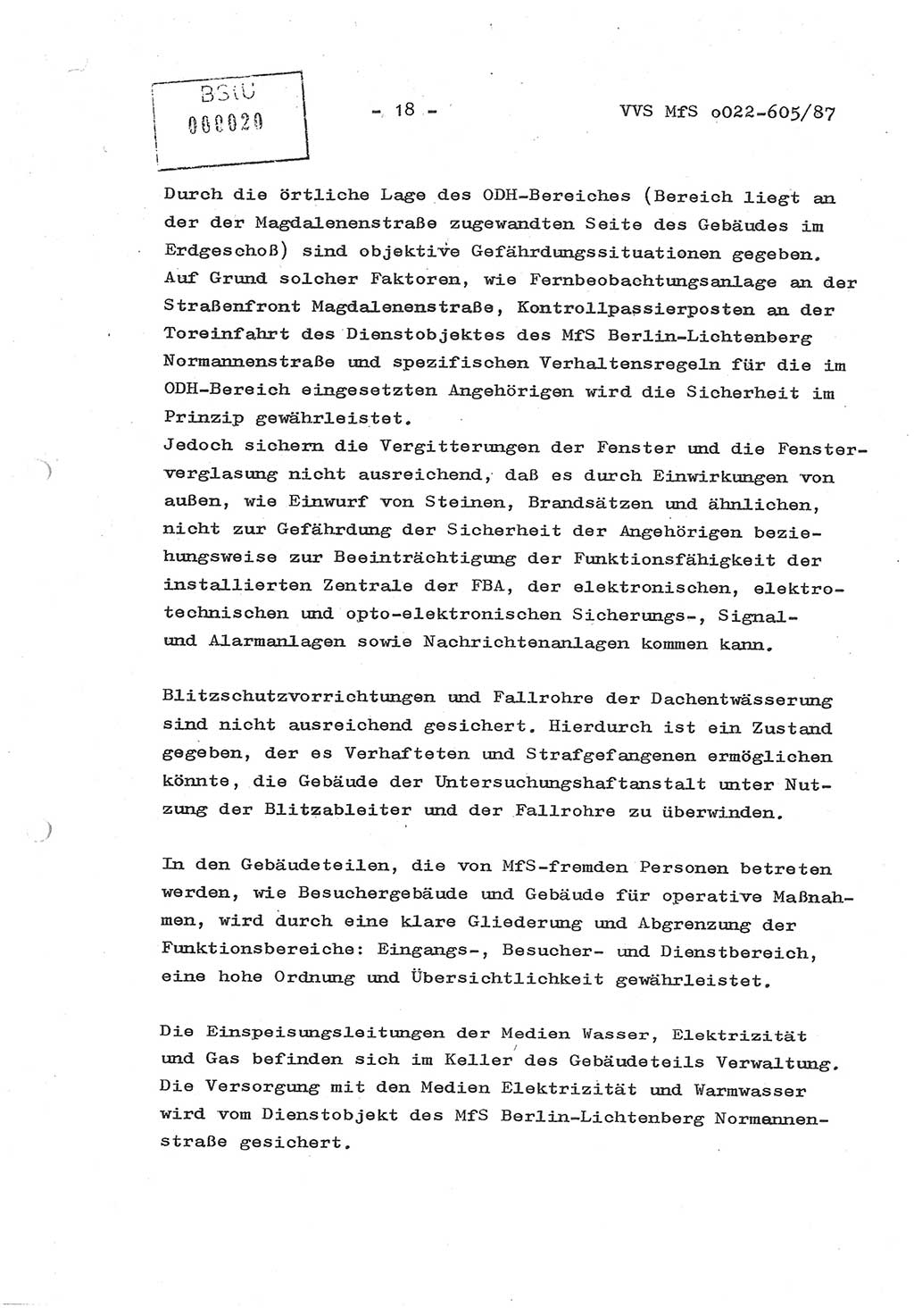 Sicherungskonzeption Untersuchungshaftanstalt (UHA) Ⅱ der Abteilung XIV im MfS [Ministerium für Staatssicherheit, Deutsche Demokratische Republik (DDR)] Berlin, Magdalenenstraße 14, Berlin 1130, Ministerium für Staatssicherheit, Abteilung (Abt.) XIV/3, Vertrauliche Verschlußsache (VVS) o022-605/87, Berlin 1987, Seite 18 (SiKo UHA Ⅱ Abt. ⅩⅣ/3 MfS DDR Bln. VVS o022-605/87 1987, S. 18)