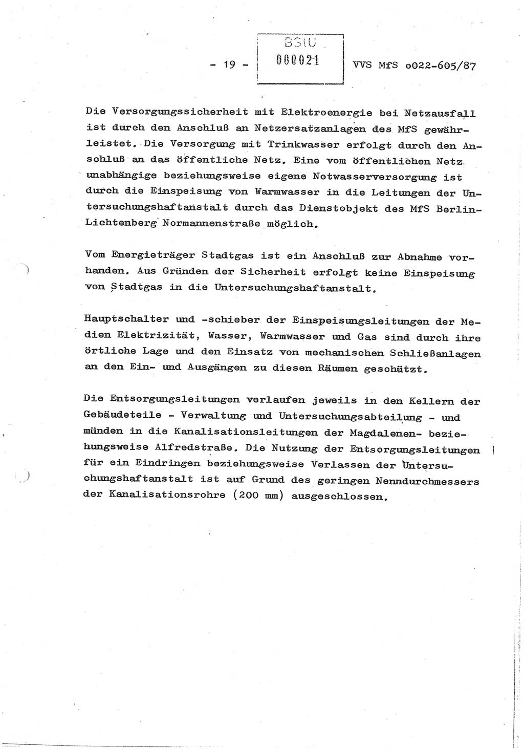 Sicherungskonzeption Untersuchungshaftanstalt (UHA) Ⅱ der Abteilung XIV im MfS [Ministerium für Staatssicherheit, Deutsche Demokratische Republik (DDR)] Berlin, Magdalenenstraße 14, Berlin 1130, Ministerium für Staatssicherheit, Abteilung (Abt.) XIV/3, Vertrauliche Verschlußsache (VVS) o022-605/87, Berlin 1987, Seite 19 (SiKo UHA Ⅱ Abt. ⅩⅣ/3 MfS DDR Bln. VVS o022-605/87 1987, S. 19)