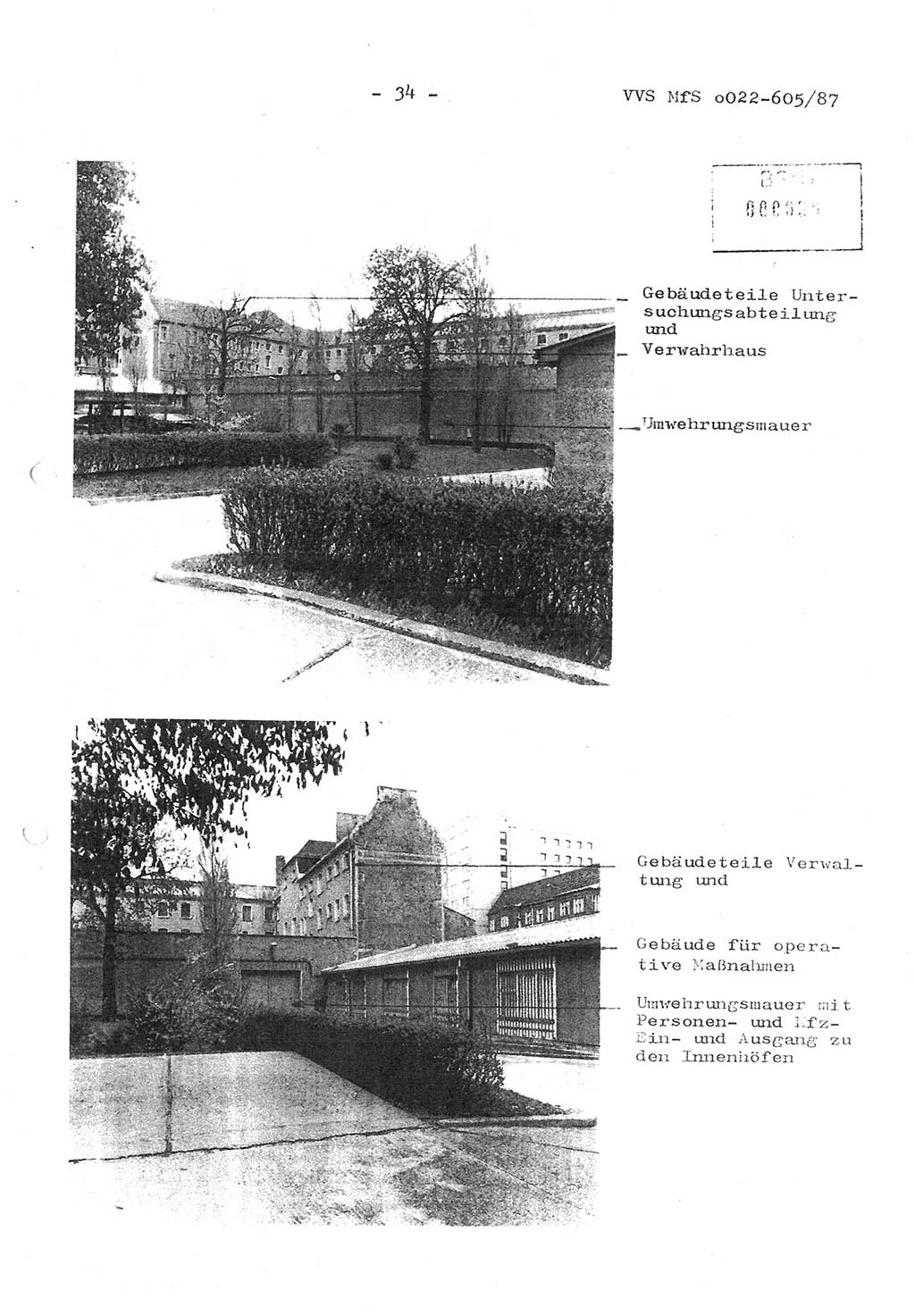 Sicherungskonzeption Untersuchungshaftanstalt (UHA) Ⅱ der Abteilung XIV im MfS [Ministerium für Staatssicherheit, Deutsche Demokratische Republik (DDR)] Berlin, Magdalenenstraße 14, Berlin 1130, Ministerium für Staatssicherheit, Abteilung (Abt.) XIV/3, Vertrauliche Verschlußsache (VVS) o022-605/87, Berlin 1987, Seite 34 (SiKo UHA Ⅱ Abt. ⅩⅣ/3 MfS DDR Bln. VVS o022-605/87 1987, S. 34)