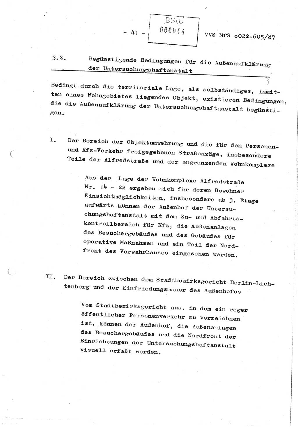 Sicherungskonzeption Untersuchungshaftanstalt (UHA) Ⅱ der Abteilung XIV im MfS [Ministerium für Staatssicherheit, Deutsche Demokratische Republik (DDR)] Berlin, Magdalenenstraße 14, Berlin 1130, Ministerium für Staatssicherheit, Abteilung (Abt.) XIV/3, Vertrauliche Verschlußsache (VVS) o022-605/87, Berlin 1987, Seite 41 (SiKo UHA Ⅱ Abt. ⅩⅣ/3 MfS DDR Bln. VVS o022-605/87 1987, S. 41)