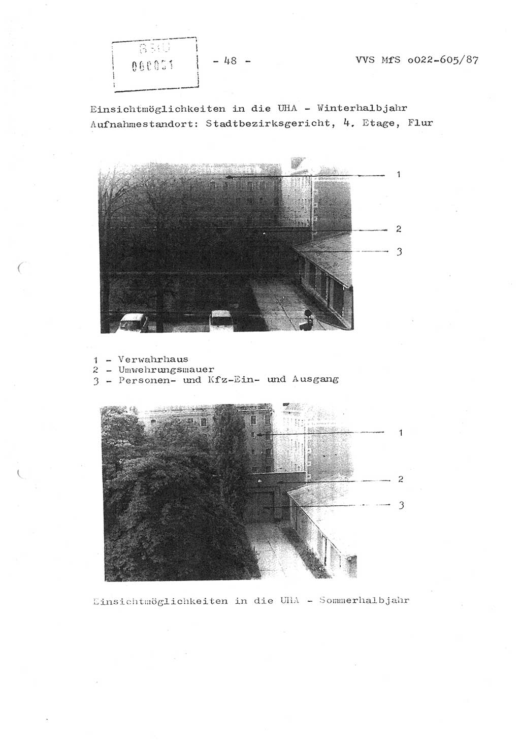 Sicherungskonzeption Untersuchungshaftanstalt (UHA) Ⅱ der Abteilung XIV im MfS [Ministerium für Staatssicherheit, Deutsche Demokratische Republik (DDR)] Berlin, Magdalenenstraße 14, Berlin 1130, Ministerium für Staatssicherheit, Abteilung (Abt.) XIV/3, Vertrauliche Verschlußsache (VVS) o022-605/87, Berlin 1987, Seite 48 (SiKo UHA Ⅱ Abt. ⅩⅣ/3 MfS DDR Bln. VVS o022-605/87 1987, S. 48)