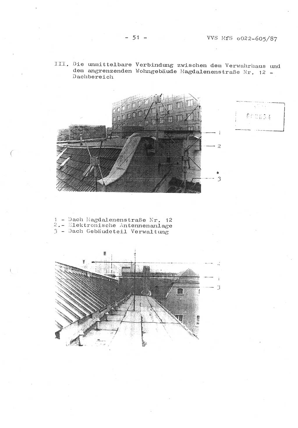 Sicherungskonzeption Untersuchungshaftanstalt (UHA) Ⅱ der Abteilung XIV im MfS [Ministerium für Staatssicherheit, Deutsche Demokratische Republik (DDR)] Berlin, Magdalenenstraße 14, Berlin 1130, Ministerium für Staatssicherheit, Abteilung (Abt.) XIV/3, Vertrauliche Verschlußsache (VVS) o022-605/87, Berlin 1987, Seite 51 (SiKo UHA Ⅱ Abt. ⅩⅣ/3 MfS DDR Bln. VVS o022-605/87 1987, S. 51)