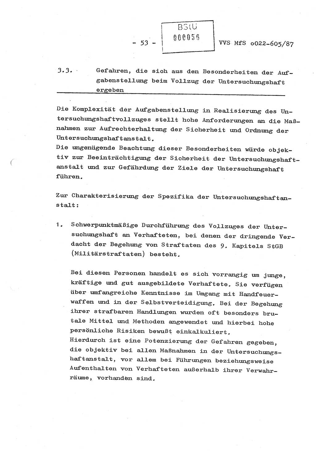 Sicherungskonzeption Untersuchungshaftanstalt (UHA) Ⅱ der Abteilung XIV im MfS [Ministerium für Staatssicherheit, Deutsche Demokratische Republik (DDR)] Berlin, Magdalenenstraße 14, Berlin 1130, Ministerium für Staatssicherheit, Abteilung (Abt.) XIV/3, Vertrauliche Verschlußsache (VVS) o022-605/87, Berlin 1987, Seite 53 (SiKo UHA Ⅱ Abt. ⅩⅣ/3 MfS DDR Bln. VVS o022-605/87 1987, S. 53)