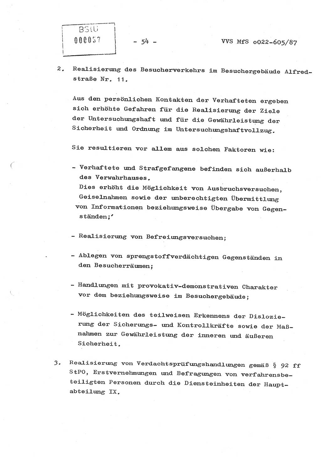 Sicherungskonzeption Untersuchungshaftanstalt (UHA) Ⅱ der Abteilung XIV im MfS [Ministerium für Staatssicherheit, Deutsche Demokratische Republik (DDR)] Berlin, Magdalenenstraße 14, Berlin 1130, Ministerium für Staatssicherheit, Abteilung (Abt.) XIV/3, Vertrauliche Verschlußsache (VVS) o022-605/87, Berlin 1987, Seite 54 (SiKo UHA Ⅱ Abt. ⅩⅣ/3 MfS DDR Bln. VVS o022-605/87 1987, S. 54)