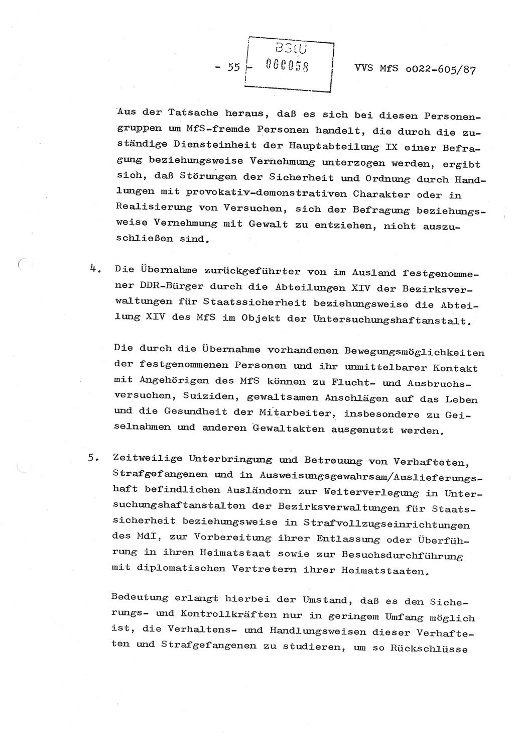 Sicherungskonzeption Untersuchungshaftanstalt (UHA) Ⅱ der Abteilung XIV im MfS [Ministerium für Staatssicherheit, Deutsche Demokratische Republik (DDR)] Berlin, Magdalenenstraße 14, Berlin 1130, Ministerium für Staatssicherheit, Abteilung (Abt.) XIV/3, Vertrauliche Verschlußsache (VVS) o022-605/87, Berlin 1987, Seite 55 (SiKo UHA Ⅱ Abt. ⅩⅣ/3 MfS DDR Bln. VVS o022-605/87 1987, S. 55)