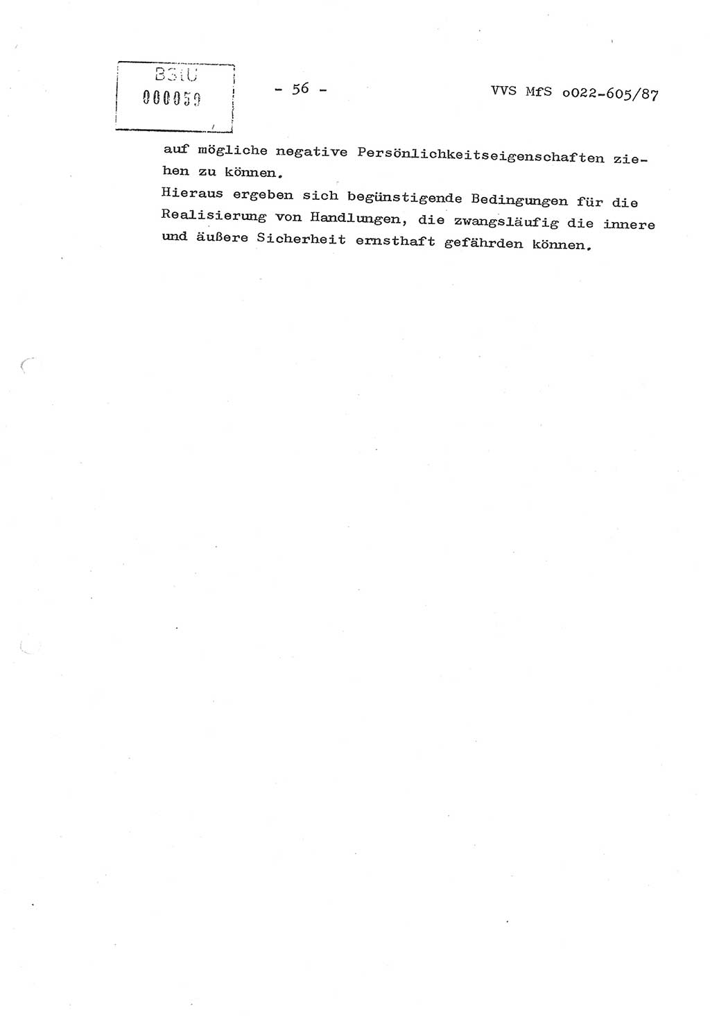 Sicherungskonzeption Untersuchungshaftanstalt (UHA) Ⅱ der Abteilung XIV im MfS [Ministerium für Staatssicherheit, Deutsche Demokratische Republik (DDR)] Berlin, Magdalenenstraße 14, Berlin 1130, Ministerium für Staatssicherheit, Abteilung (Abt.) XIV/3, Vertrauliche Verschlußsache (VVS) o022-605/87, Berlin 1987, Seite 56 (SiKo UHA Ⅱ Abt. ⅩⅣ/3 MfS DDR Bln. VVS o022-605/87 1987, S. 56)