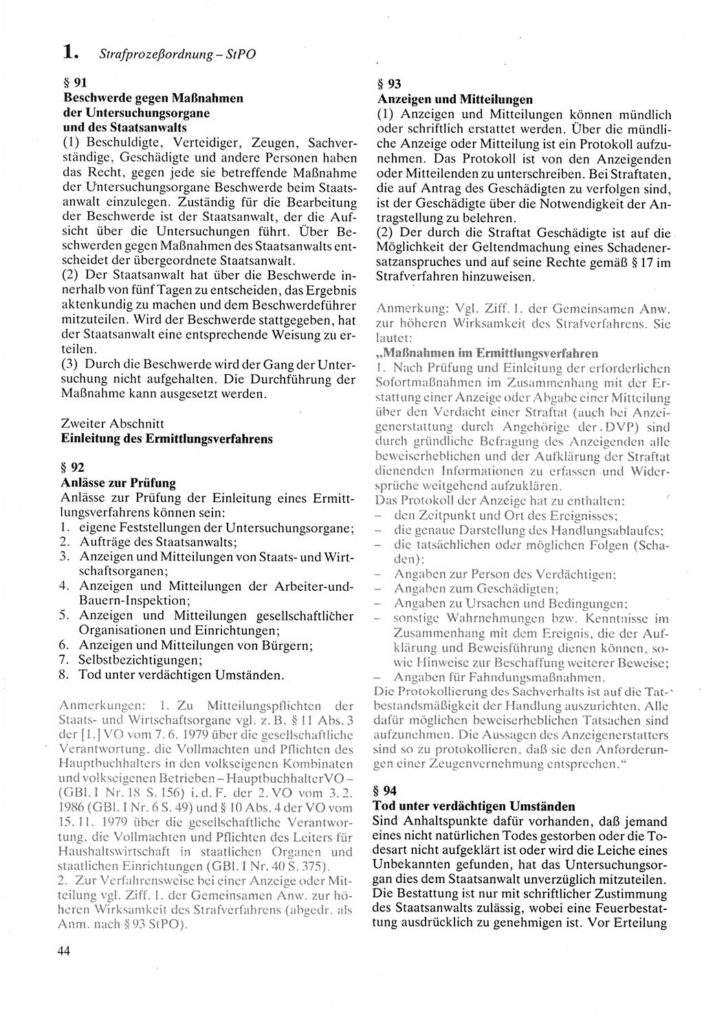 Strafprozeßordnung (StPO) der Deutschen Demokratischen Republik (DDR) sowie angrenzende Gesetze und Bestimmungen 1987, Seite 44 (StPO DDR Ges. Best. 1987, S. 44)