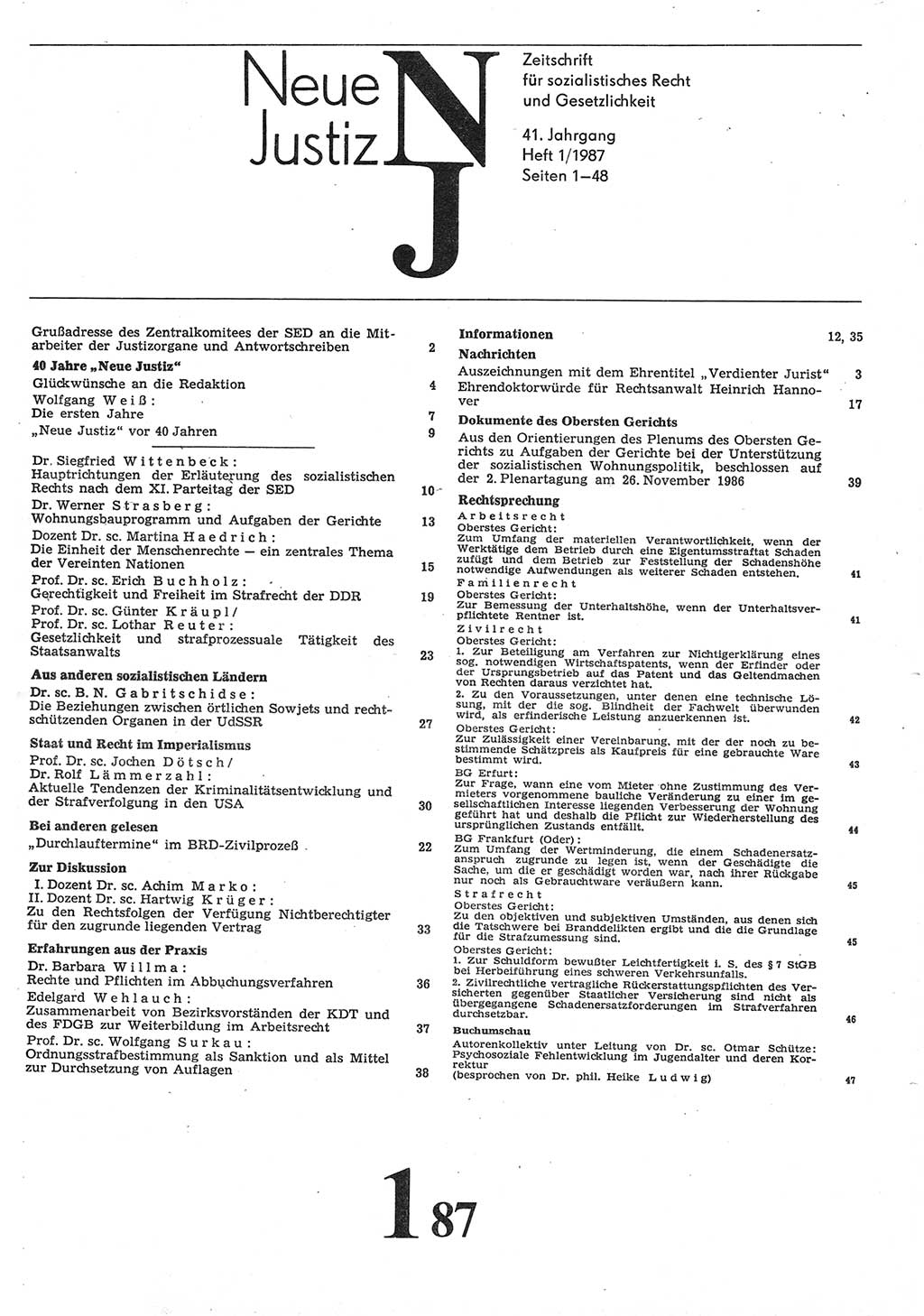 Neue Justiz (NJ), Zeitschrift für sozialistisches Recht und Gesetzlichkeit [Deutsche Demokratische Republik (DDR)], 41. Jahrgang 1987, Seite 1 (NJ DDR 1987, S. 1)