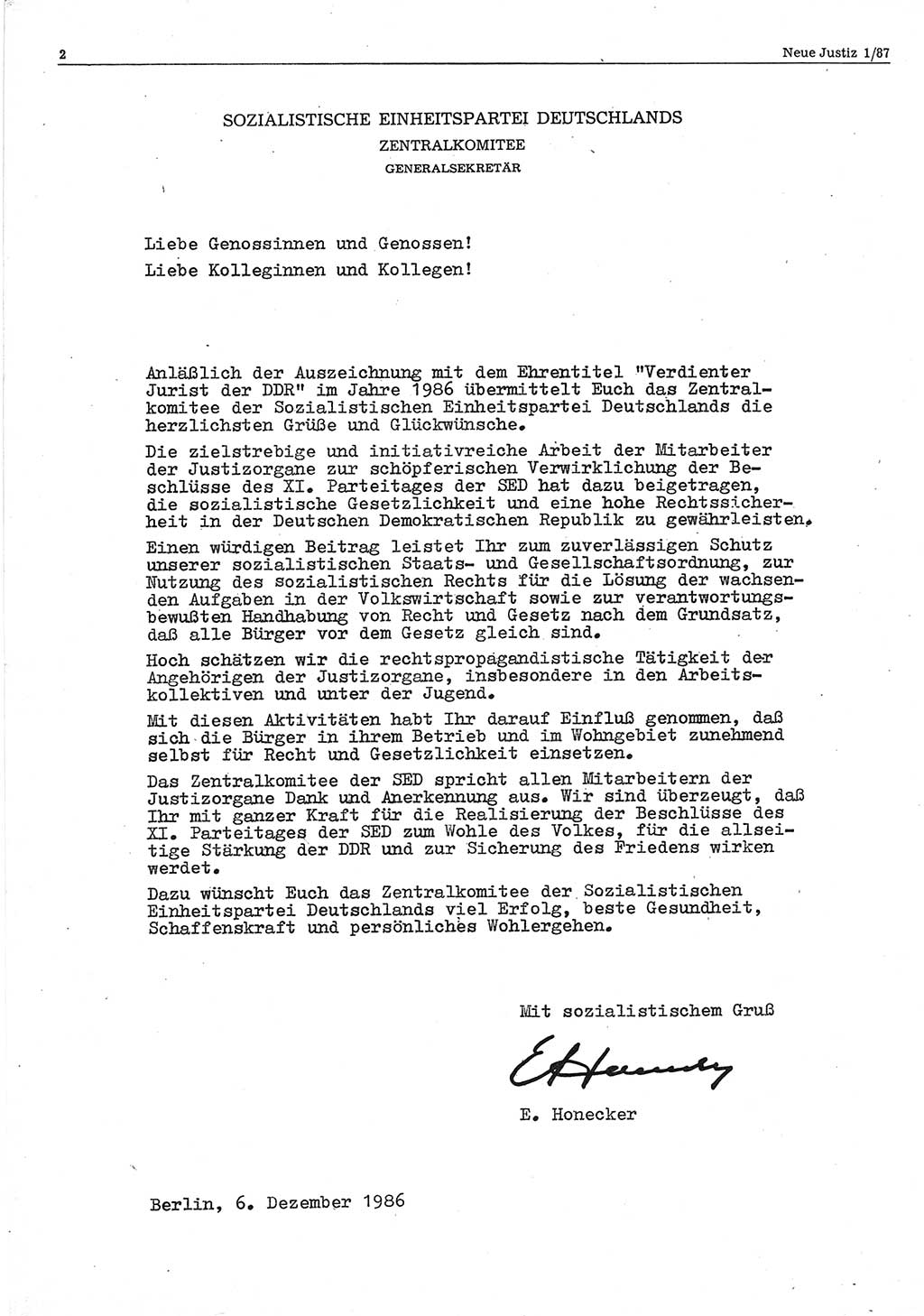 Neue Justiz (NJ), Zeitschrift für sozialistisches Recht und Gesetzlichkeit [Deutsche Demokratische Republik (DDR)], 41. Jahrgang 1987, Seite 2 (NJ DDR 1987, S. 2)