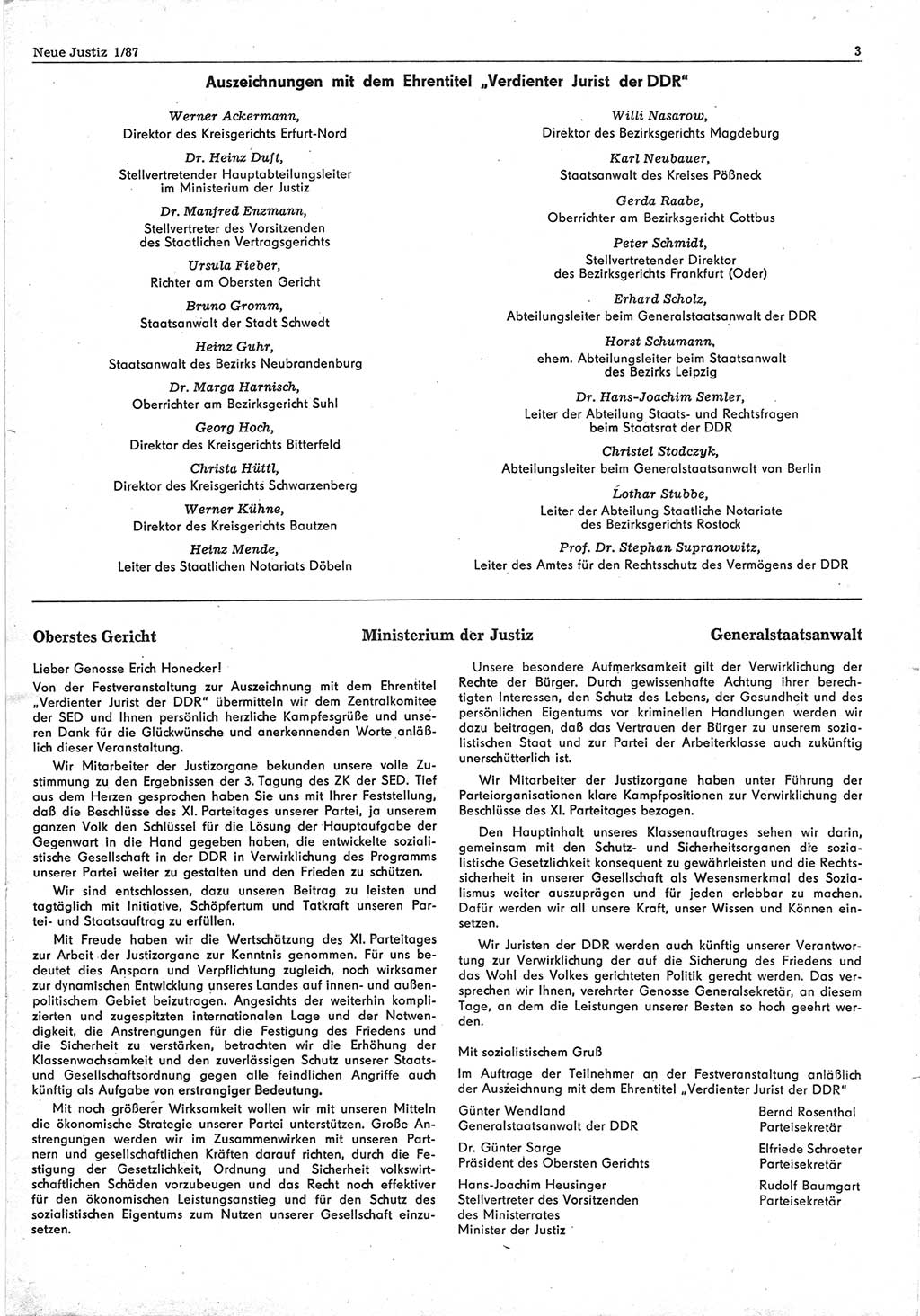 Neue Justiz (NJ), Zeitschrift für sozialistisches Recht und Gesetzlichkeit [Deutsche Demokratische Republik (DDR)], 41. Jahrgang 1987, Seite 3 (NJ DDR 1987, S. 3)
