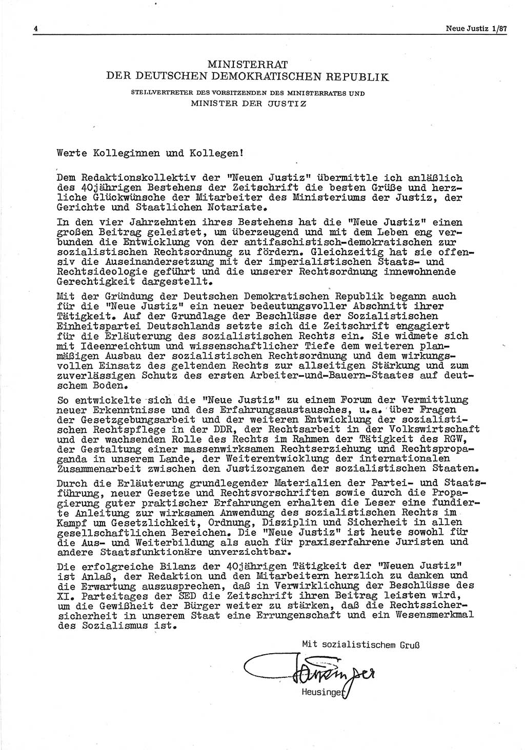 Neue Justiz (NJ), Zeitschrift für sozialistisches Recht und Gesetzlichkeit [Deutsche Demokratische Republik (DDR)], 41. Jahrgang 1987, Seite 4 (NJ DDR 1987, S. 4)