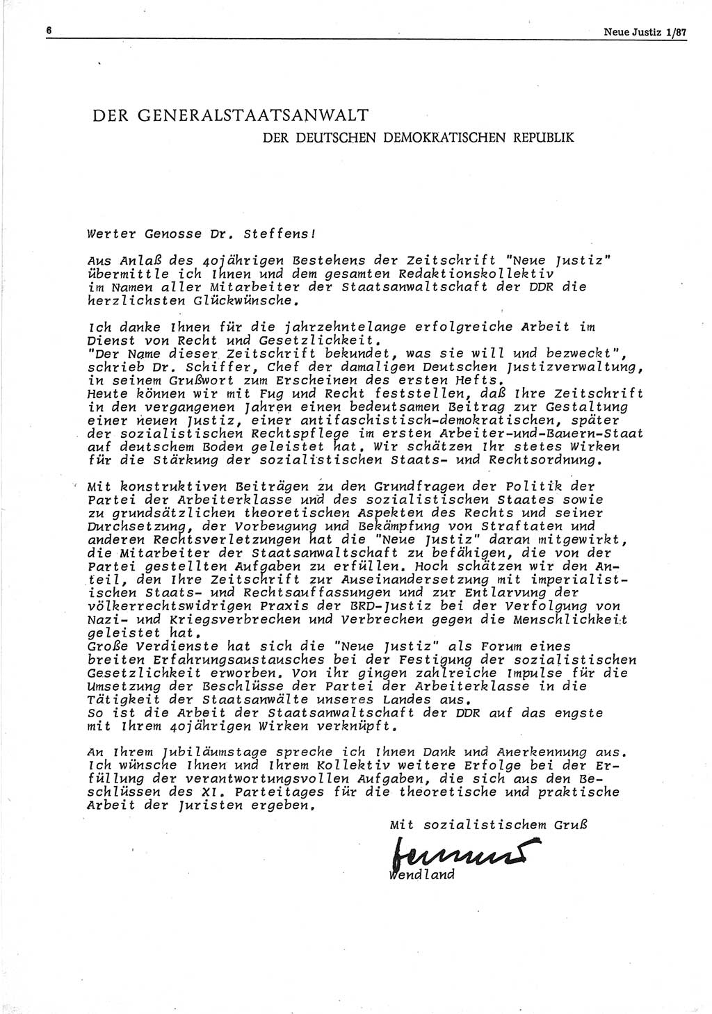 Neue Justiz (NJ), Zeitschrift für sozialistisches Recht und Gesetzlichkeit [Deutsche Demokratische Republik (DDR)], 41. Jahrgang 1987, Seite 6 (NJ DDR 1987, S. 6)
