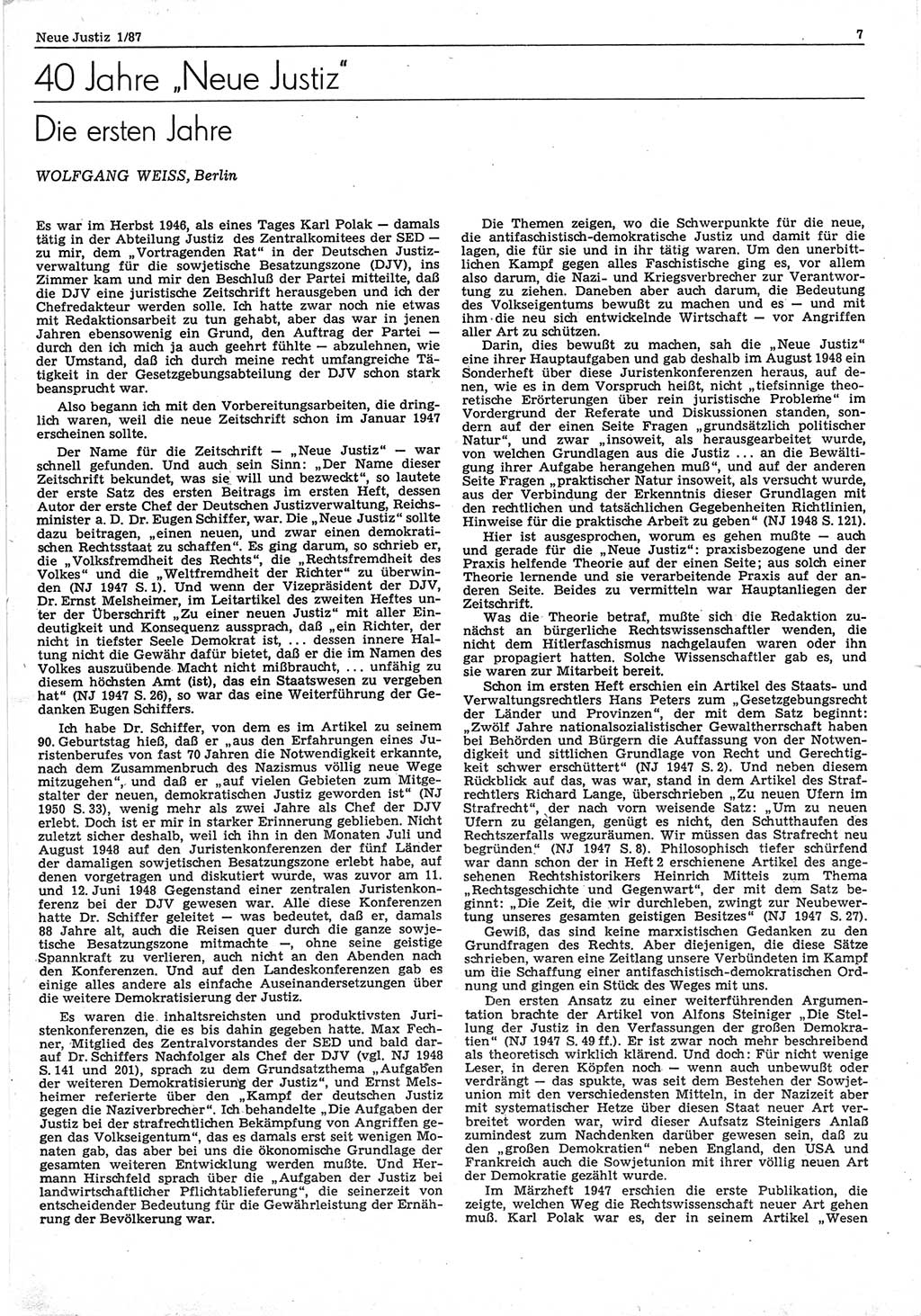 Neue Justiz (NJ), Zeitschrift für sozialistisches Recht und Gesetzlichkeit [Deutsche Demokratische Republik (DDR)], 41. Jahrgang 1987, Seite 7 (NJ DDR 1987, S. 7)
