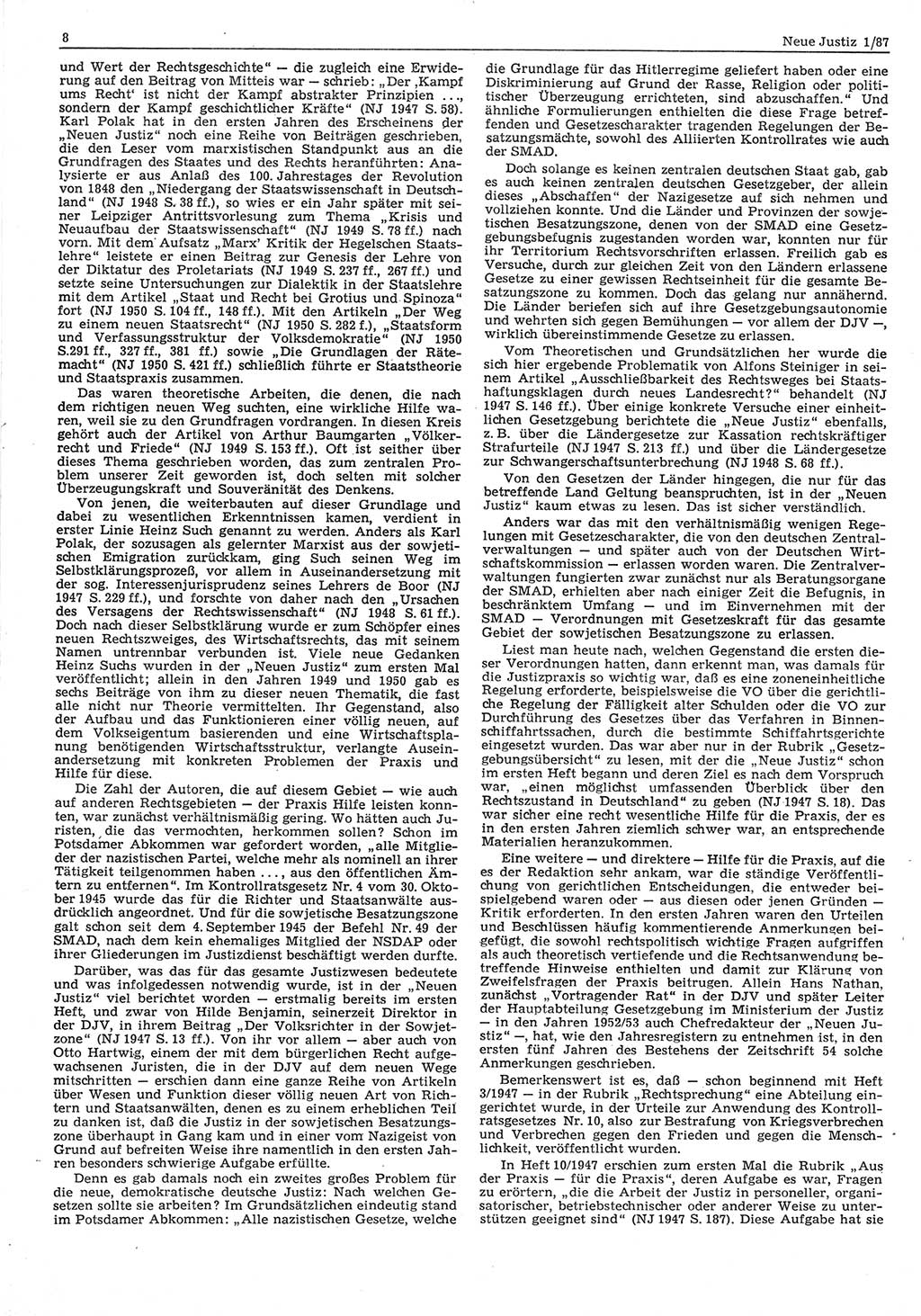 Neue Justiz (NJ), Zeitschrift für sozialistisches Recht und Gesetzlichkeit [Deutsche Demokratische Republik (DDR)], 41. Jahrgang 1987, Seite 8 (NJ DDR 1987, S. 8)