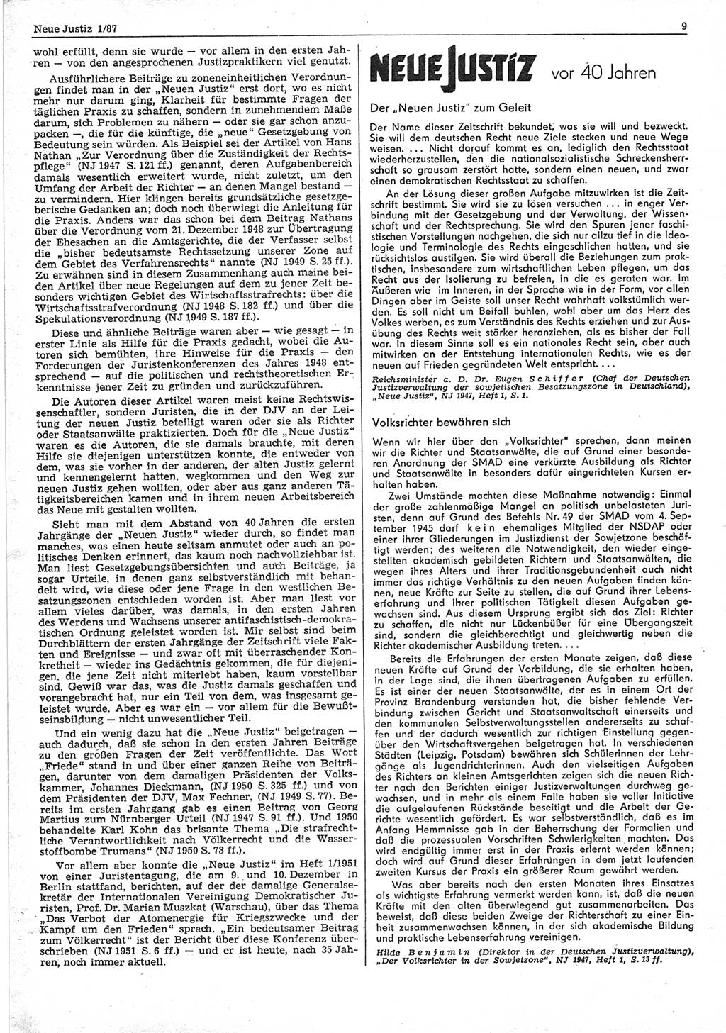 Neue Justiz (NJ), Zeitschrift für sozialistisches Recht und Gesetzlichkeit [Deutsche Demokratische Republik (DDR)], 41. Jahrgang 1987, Seite 9 (NJ DDR 1987, S. 9)