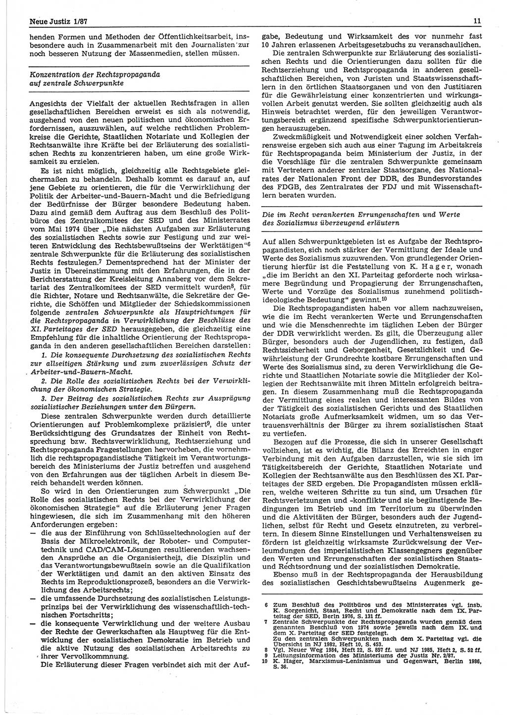 Neue Justiz (NJ), Zeitschrift für sozialistisches Recht und Gesetzlichkeit [Deutsche Demokratische Republik (DDR)], 41. Jahrgang 1987, Seite 11 (NJ DDR 1987, S. 11)