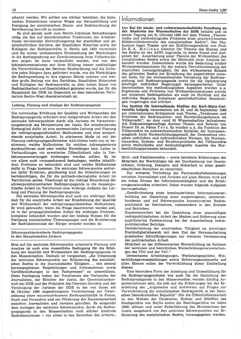 Neue Justiz (NJ), Zeitschrift für sozialistisches Recht und Gesetzlichkeit [Deutsche Demokratische Republik (DDR)], 41. Jahrgang 1987, Seite 12 (NJ DDR 1987, S. 12)
