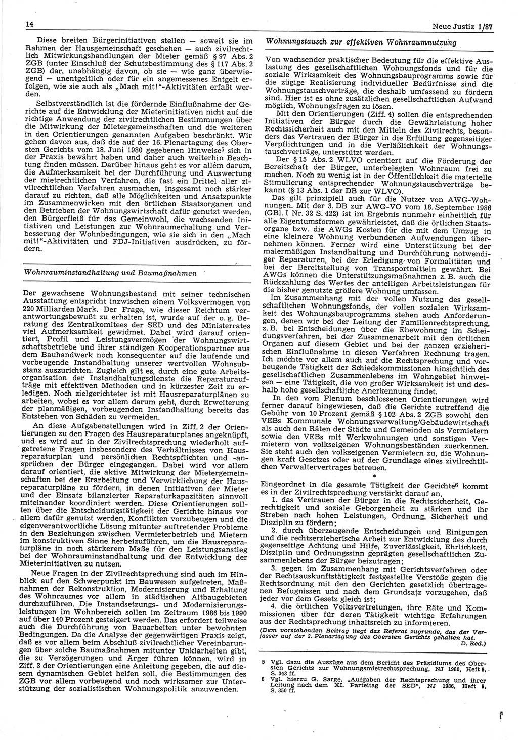 Neue Justiz (NJ), Zeitschrift für sozialistisches Recht und Gesetzlichkeit [Deutsche Demokratische Republik (DDR)], 41. Jahrgang 1987, Seite 14 (NJ DDR 1987, S. 14)