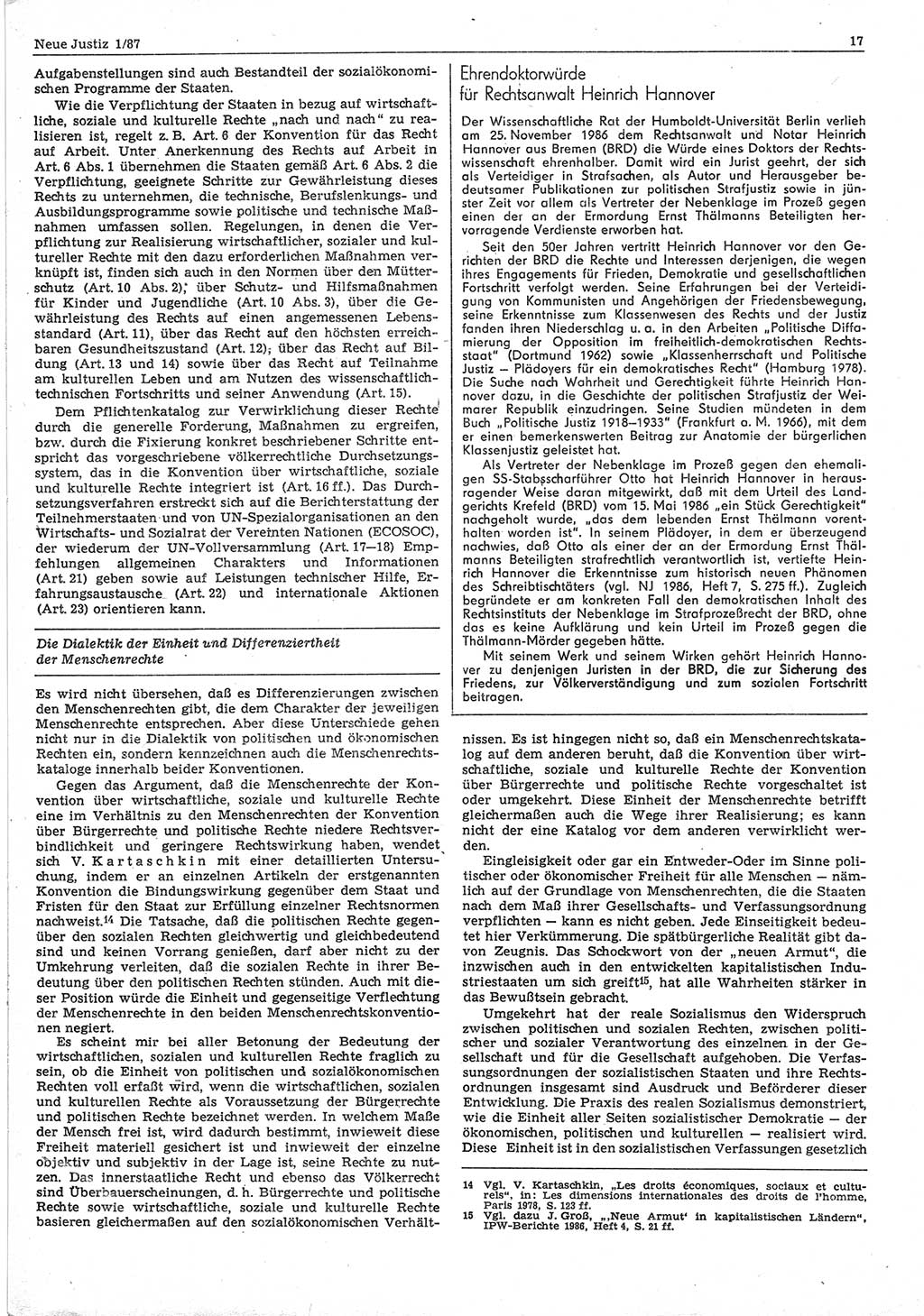 Neue Justiz (NJ), Zeitschrift für sozialistisches Recht und Gesetzlichkeit [Deutsche Demokratische Republik (DDR)], 41. Jahrgang 1987, Seite 17 (NJ DDR 1987, S. 17)