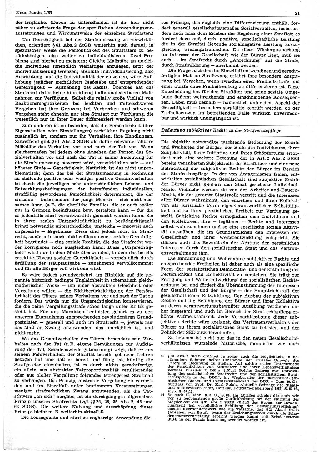 Neue Justiz (NJ), Zeitschrift für sozialistisches Recht und Gesetzlichkeit [Deutsche Demokratische Republik (DDR)], 41. Jahrgang 1987, Seite 21 (NJ DDR 1987, S. 21)