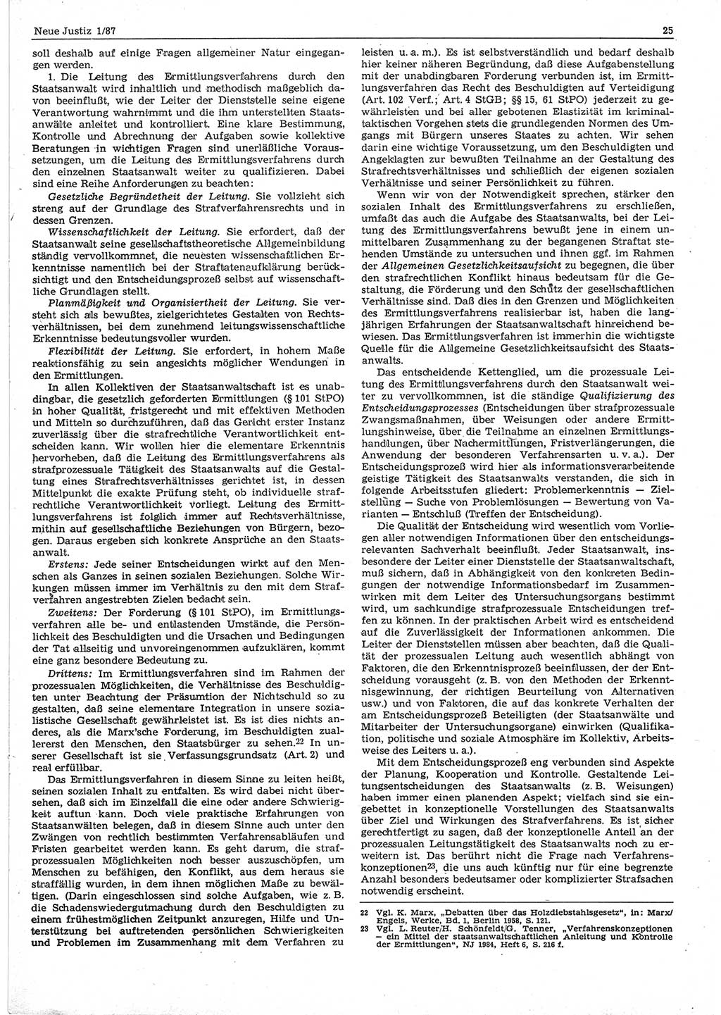 Neue Justiz (NJ), Zeitschrift für sozialistisches Recht und Gesetzlichkeit [Deutsche Demokratische Republik (DDR)], 41. Jahrgang 1987, Seite 25 (NJ DDR 1987, S. 25)