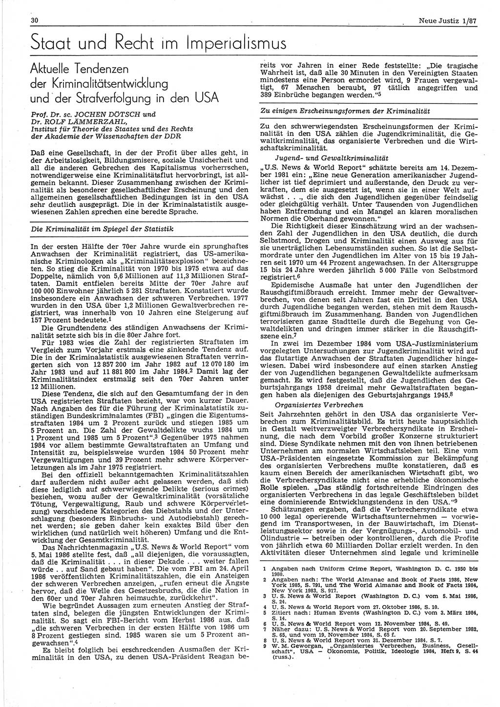 Neue Justiz (NJ), Zeitschrift für sozialistisches Recht und Gesetzlichkeit [Deutsche Demokratische Republik (DDR)], 41. Jahrgang 1987, Seite 30 (NJ DDR 1987, S. 30)