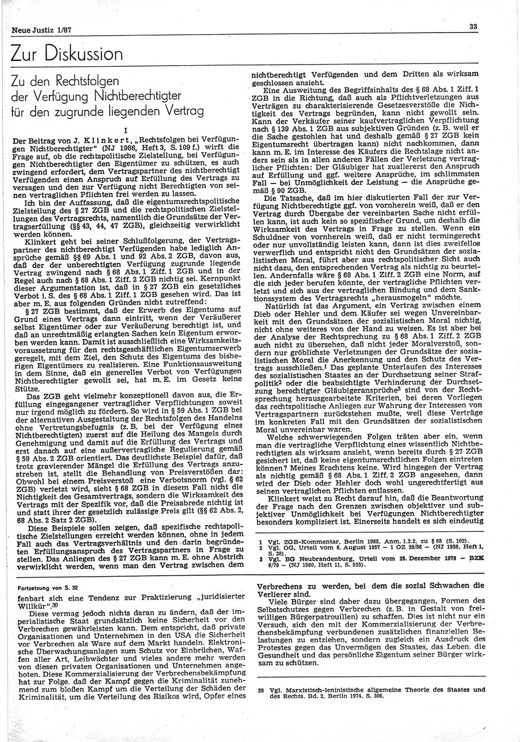 Neue Justiz (NJ), Zeitschrift für sozialistisches Recht und Gesetzlichkeit [Deutsche Demokratische Republik (DDR)], 41. Jahrgang 1987, Seite 33 (NJ DDR 1987, S. 33)