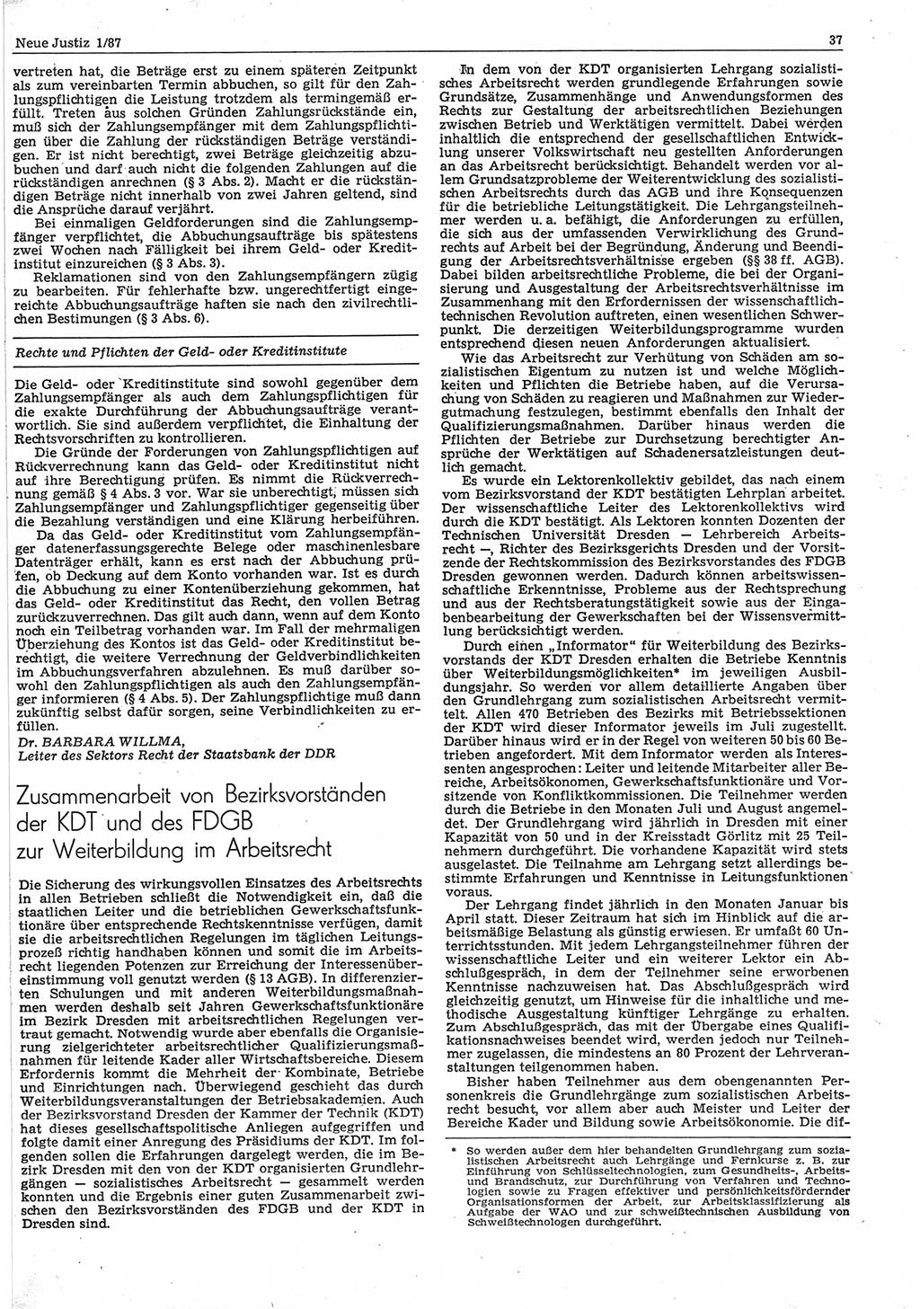 Neue Justiz (NJ), Zeitschrift für sozialistisches Recht und Gesetzlichkeit [Deutsche Demokratische Republik (DDR)], 41. Jahrgang 1987, Seite 37 (NJ DDR 1987, S. 37)