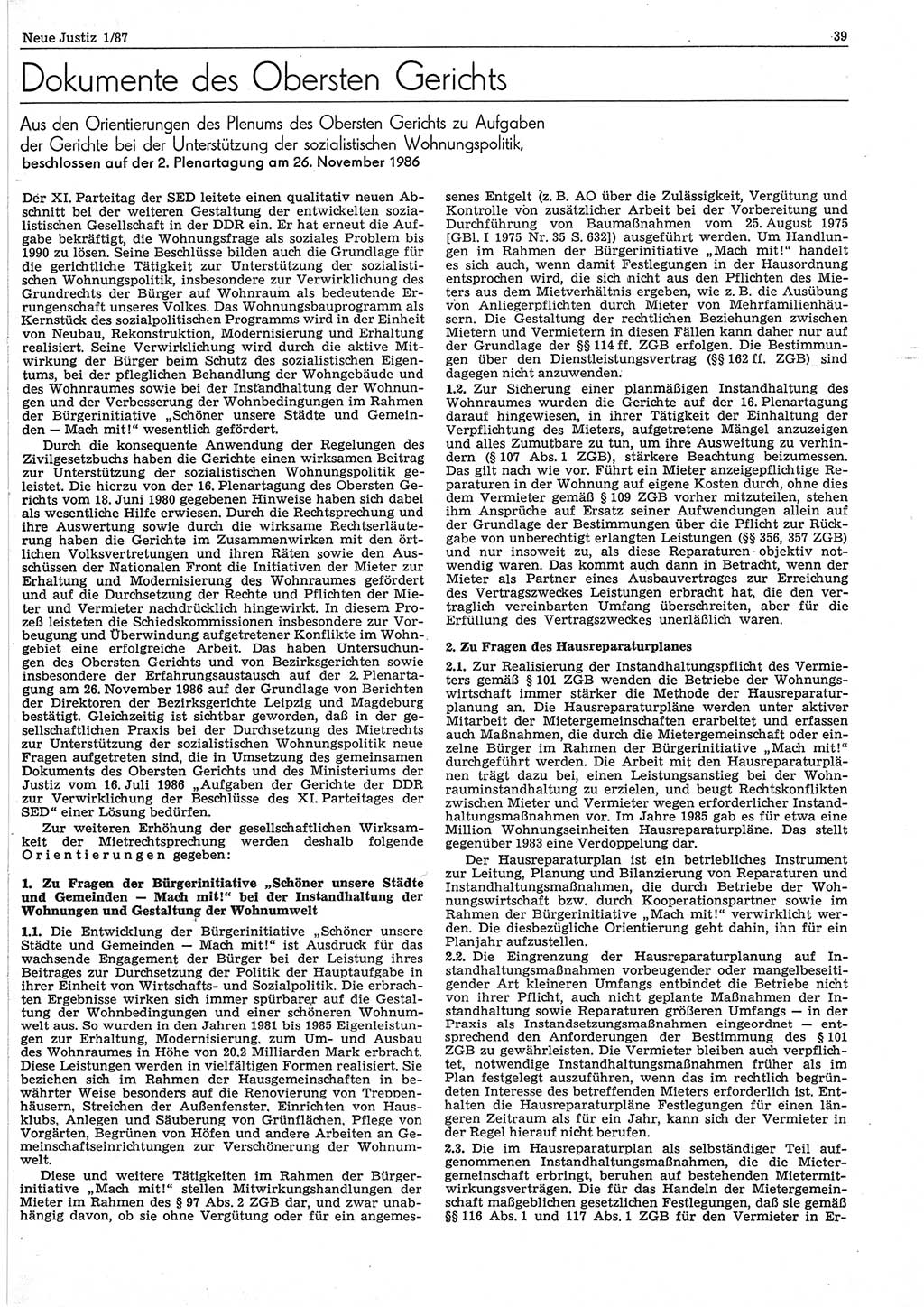 Neue Justiz (NJ), Zeitschrift für sozialistisches Recht und Gesetzlichkeit [Deutsche Demokratische Republik (DDR)], 41. Jahrgang 1987, Seite 39 (NJ DDR 1987, S. 39)