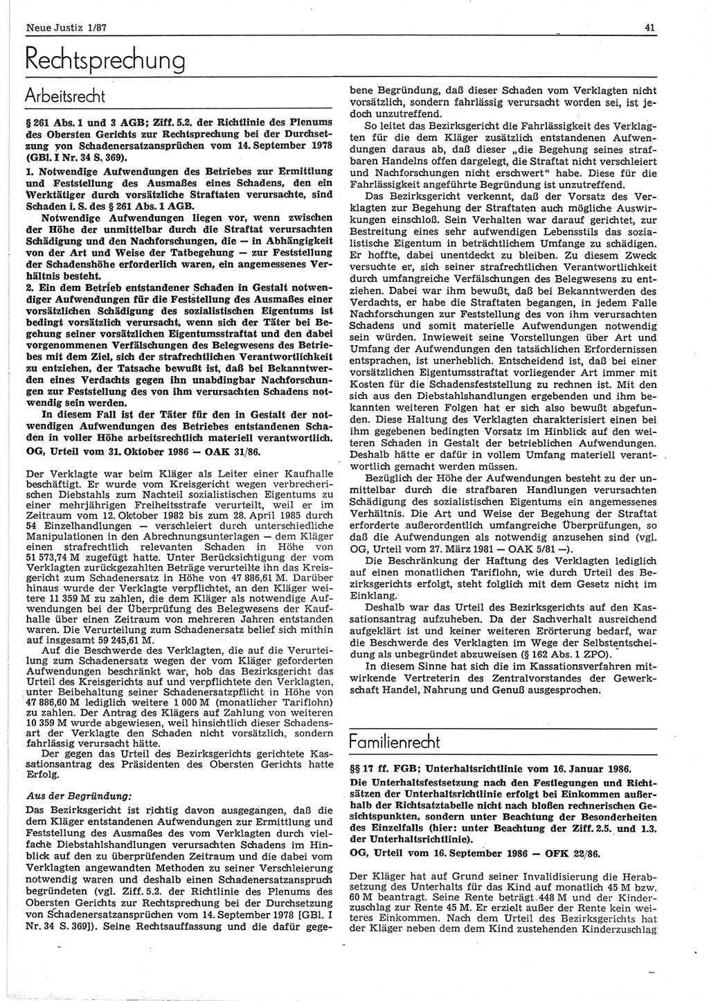 Neue Justiz (NJ), Zeitschrift für sozialistisches Recht und Gesetzlichkeit [Deutsche Demokratische Republik (DDR)], 41. Jahrgang 1987, Seite 41 (NJ DDR 1987, S. 41)
