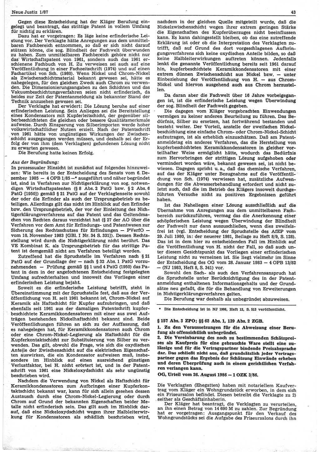 Neue Justiz (NJ), Zeitschrift für sozialistisches Recht und Gesetzlichkeit [Deutsche Demokratische Republik (DDR)], 41. Jahrgang 1987, Seite 43 (NJ DDR 1987, S. 43)