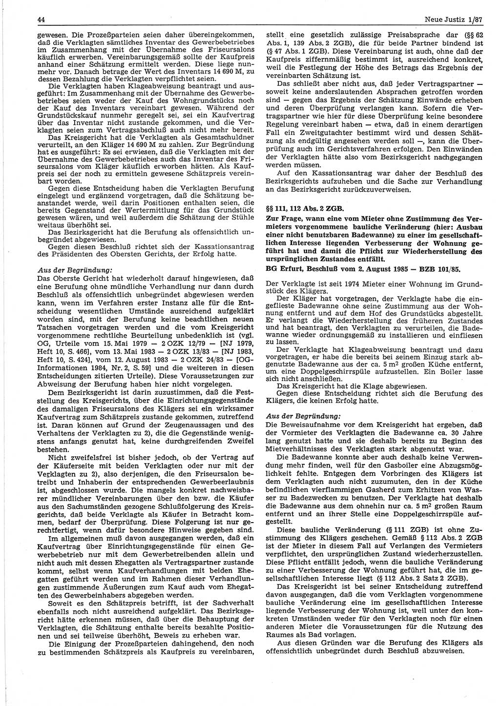 Neue Justiz (NJ), Zeitschrift für sozialistisches Recht und Gesetzlichkeit [Deutsche Demokratische Republik (DDR)], 41. Jahrgang 1987, Seite 44 (NJ DDR 1987, S. 44)