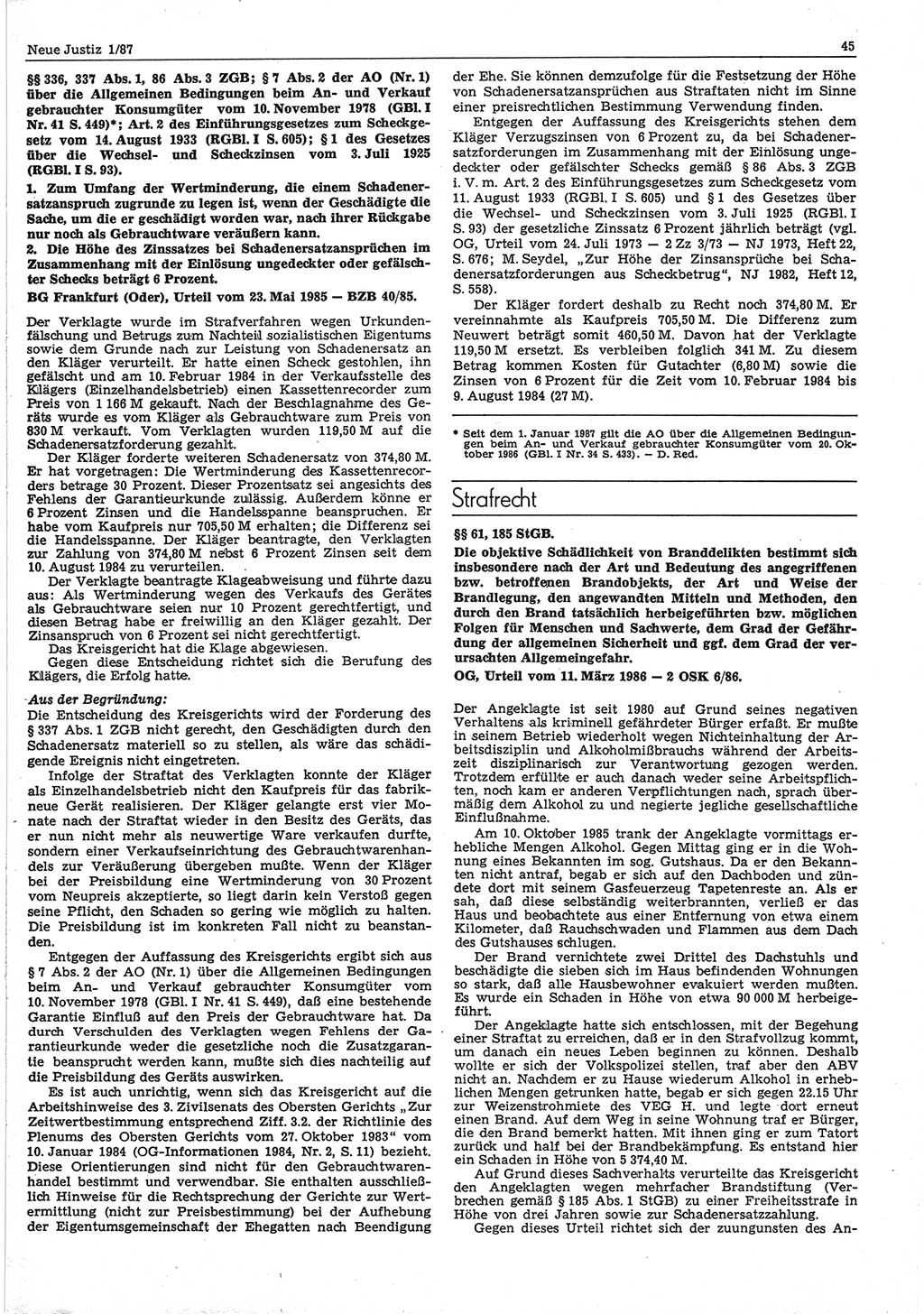 Neue Justiz (NJ), Zeitschrift für sozialistisches Recht und Gesetzlichkeit [Deutsche Demokratische Republik (DDR)], 41. Jahrgang 1987, Seite 45 (NJ DDR 1987, S. 45)