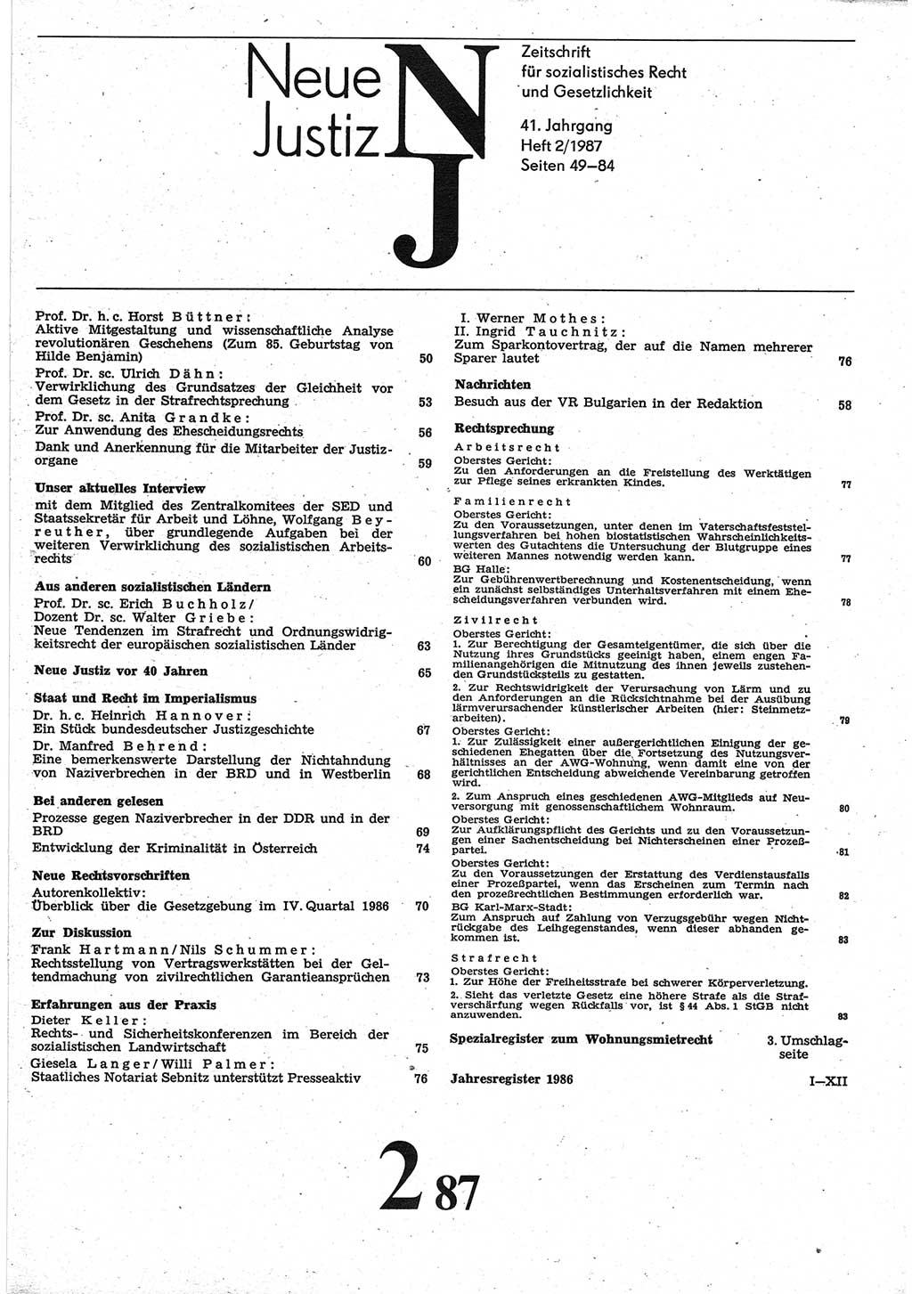 Neue Justiz (NJ), Zeitschrift für sozialistisches Recht und Gesetzlichkeit [Deutsche Demokratische Republik (DDR)], 41. Jahrgang 1987, Seite 49 (NJ DDR 1987, S. 49)