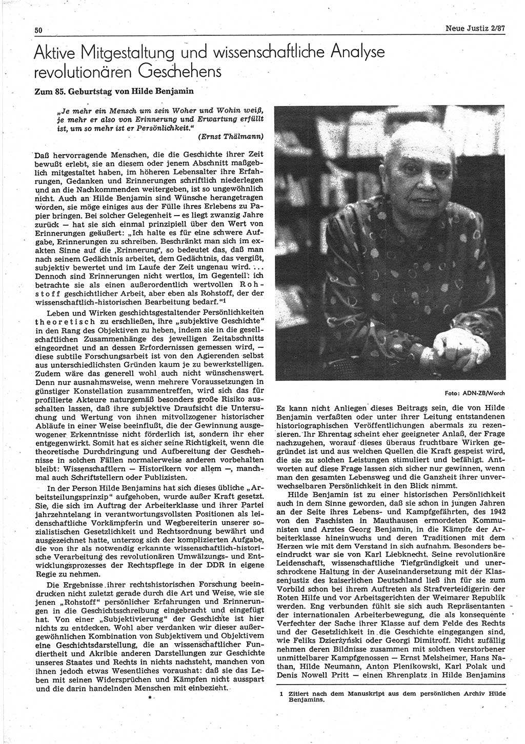 Neue Justiz (NJ), Zeitschrift für sozialistisches Recht und Gesetzlichkeit [Deutsche Demokratische Republik (DDR)], 41. Jahrgang 1987, Seite 50 (NJ DDR 1987, S. 50)