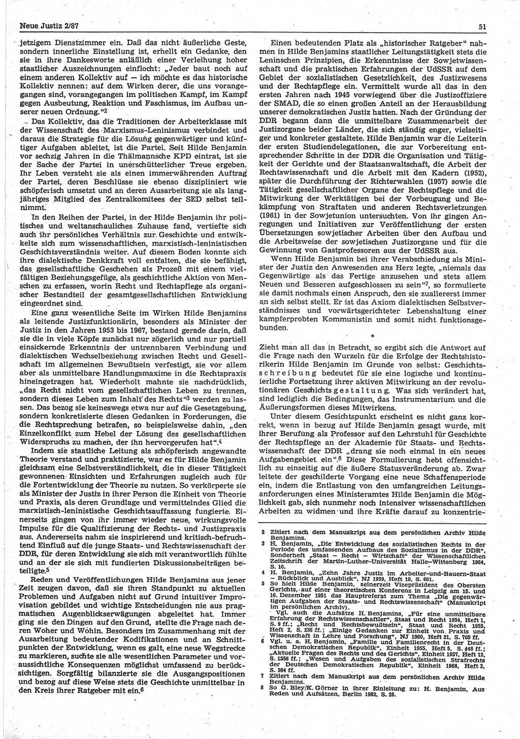 Neue Justiz (NJ), Zeitschrift für sozialistisches Recht und Gesetzlichkeit [Deutsche Demokratische Republik (DDR)], 41. Jahrgang 1987, Seite 51 (NJ DDR 1987, S. 51)