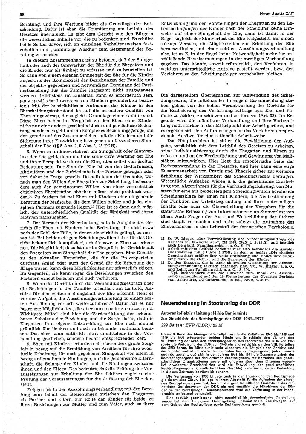 Neue Justiz (NJ), Zeitschrift für sozialistisches Recht und Gesetzlichkeit [Deutsche Demokratische Republik (DDR)], 41. Jahrgang 1987, Seite 58 (NJ DDR 1987, S. 58)