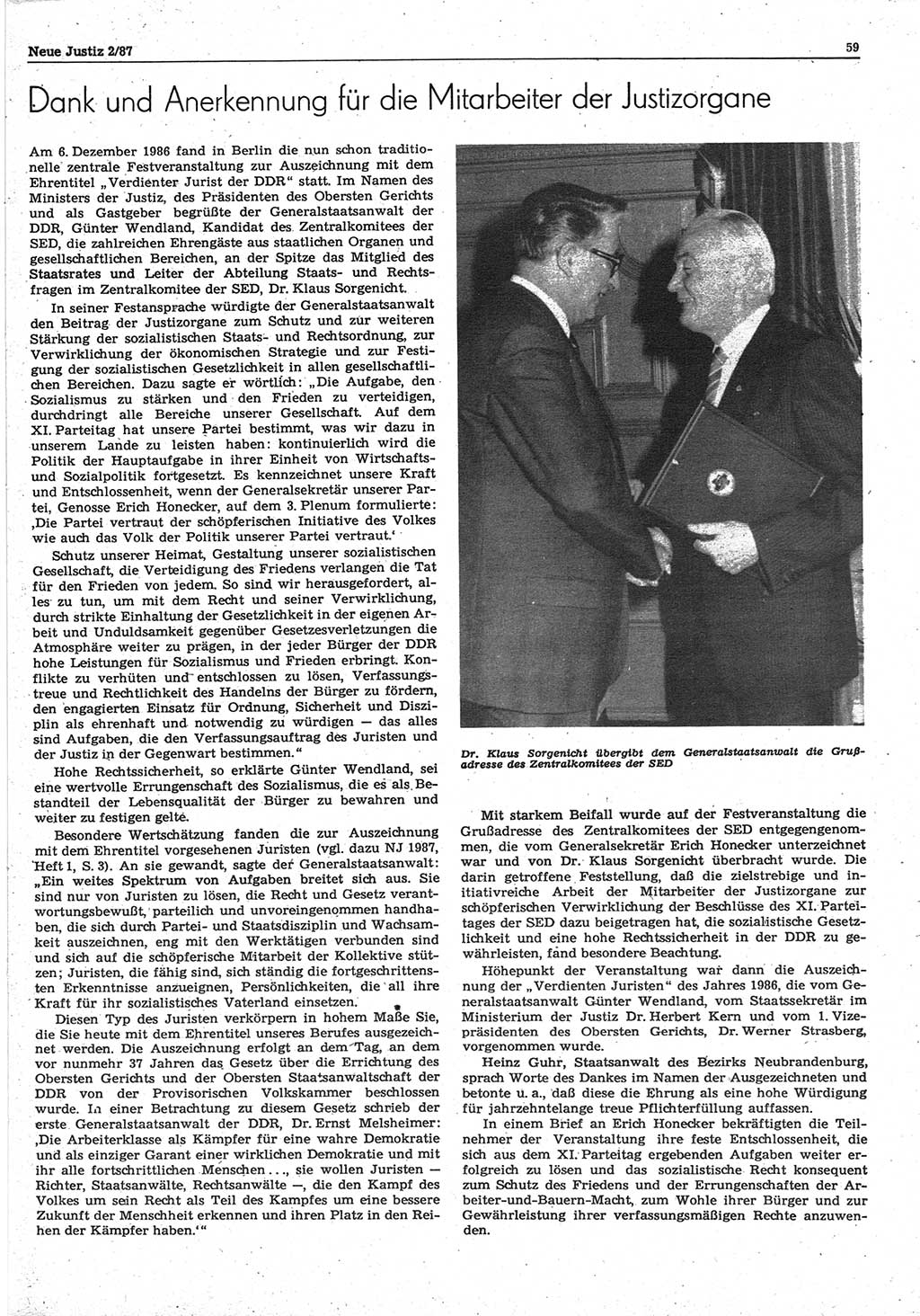 Neue Justiz (NJ), Zeitschrift für sozialistisches Recht und Gesetzlichkeit [Deutsche Demokratische Republik (DDR)], 41. Jahrgang 1987, Seite 59 (NJ DDR 1987, S. 59)