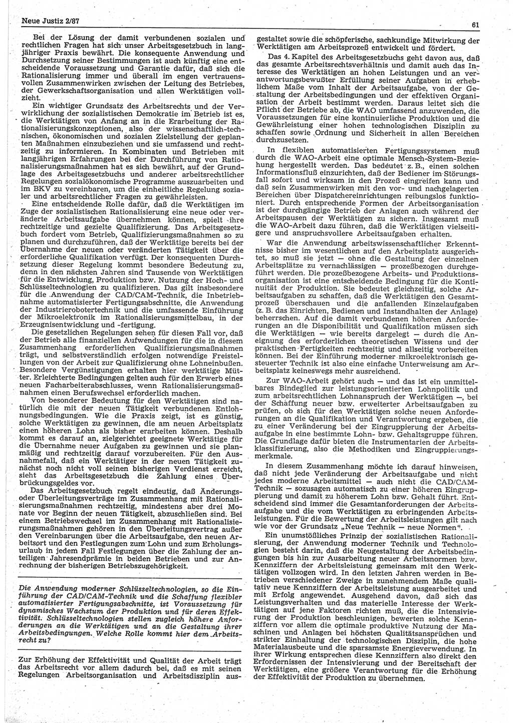 Neue Justiz (NJ), Zeitschrift für sozialistisches Recht und Gesetzlichkeit [Deutsche Demokratische Republik (DDR)], 41. Jahrgang 1987, Seite 61 (NJ DDR 1987, S. 61)