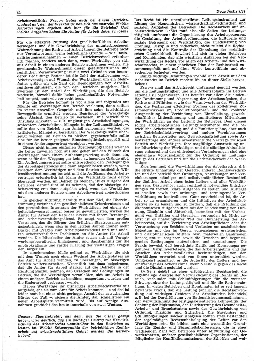Neue Justiz (NJ), Zeitschrift für sozialistisches Recht und Gesetzlichkeit [Deutsche Demokratische Republik (DDR)], 41. Jahrgang 1987, Seite 62 (NJ DDR 1987, S. 62)
