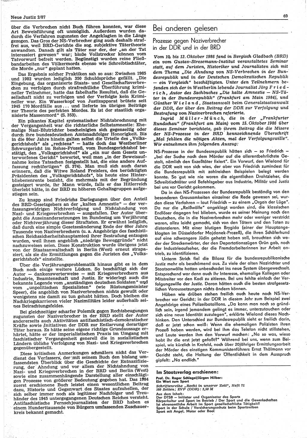 Neue Justiz (NJ), Zeitschrift für sozialistisches Recht und Gesetzlichkeit [Deutsche Demokratische Republik (DDR)], 41. Jahrgang 1987, Seite 69 (NJ DDR 1987, S. 69)